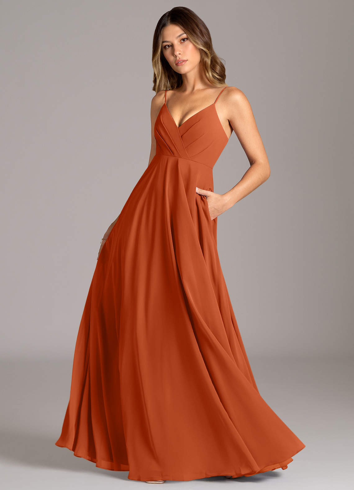 Azazie Amani Bridesmaid Dresses Burnt Orange A-Line Pleated Chiffon Dress image1