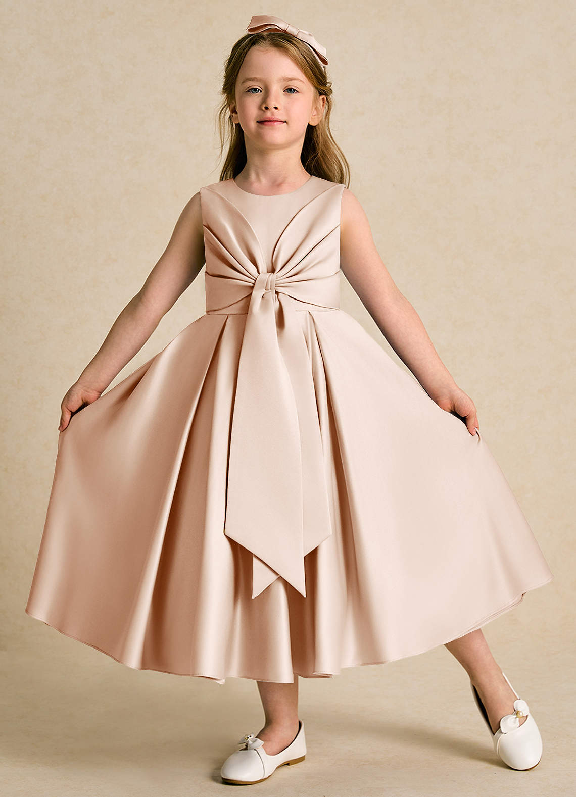 Azazie Lady Flower Girl Dresses English Rose A-Line Pleated Matte Satin Dress image1