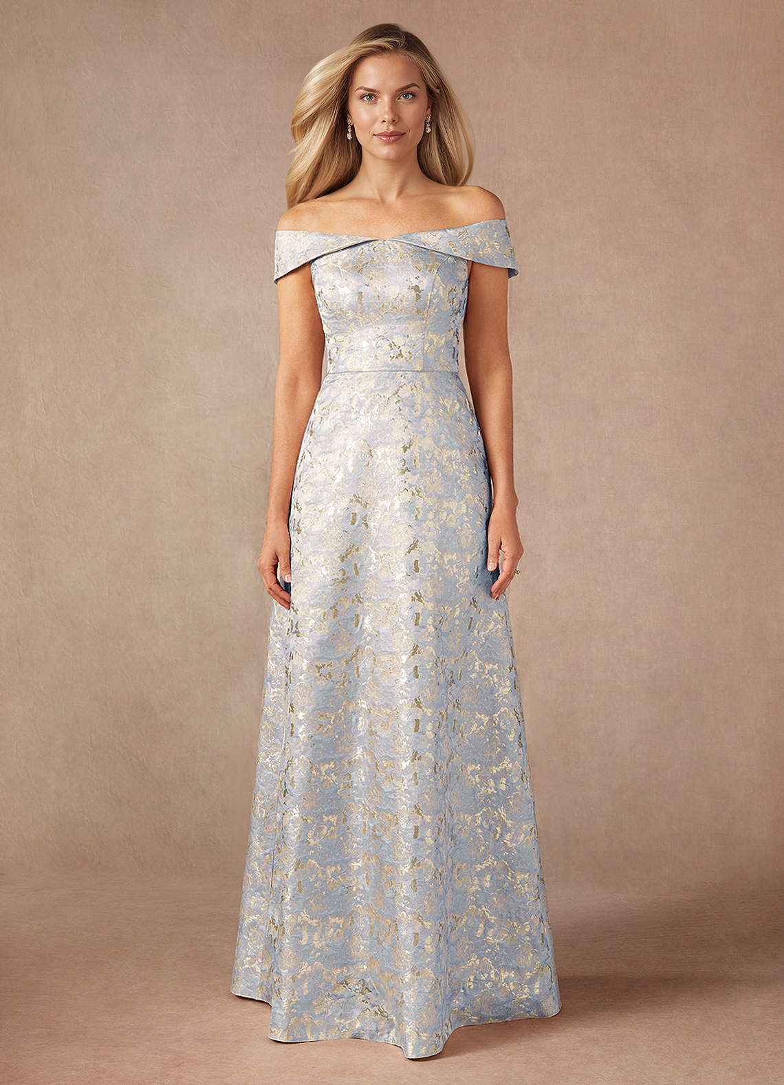 Azazie Maria Mother of the Bride Dresses Dusty Blue A-Line Off the Shoulder Jacquard Dress image1