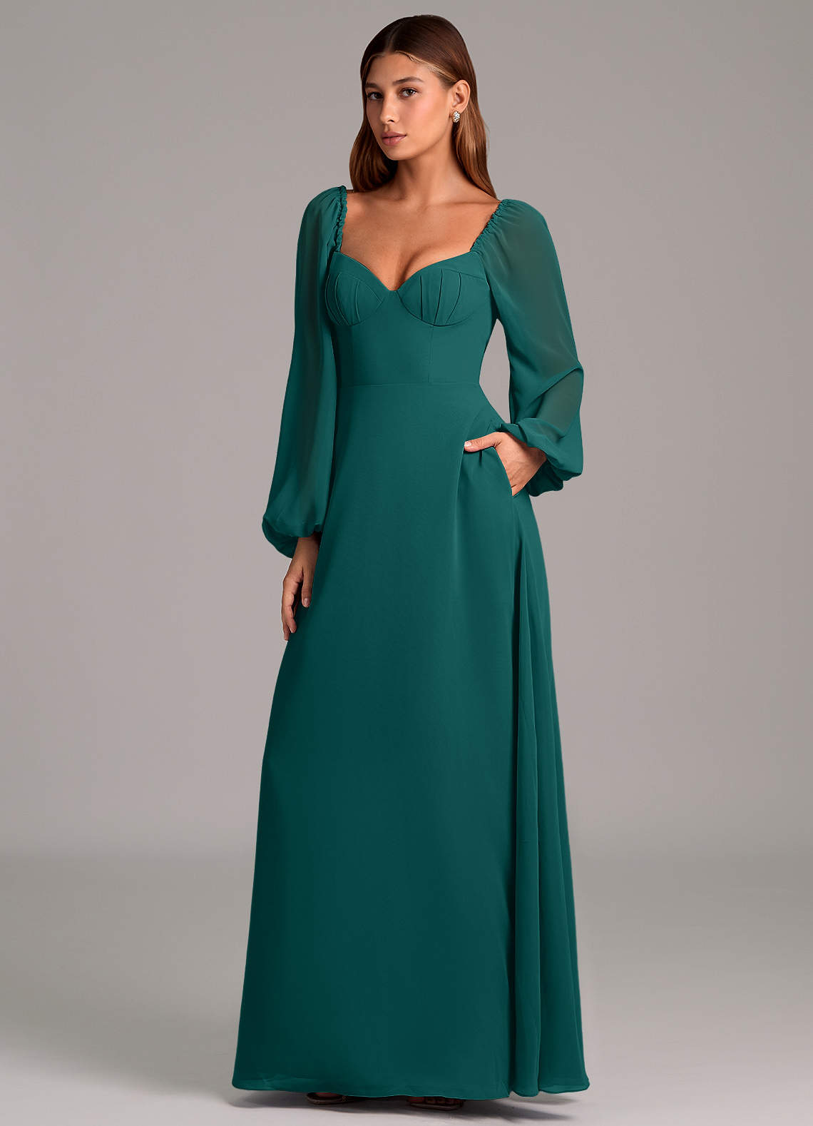 Azazie Annistyn Bridesmaid Dresses Peacock A-Line Long Sleeve Chiffon Dress image1