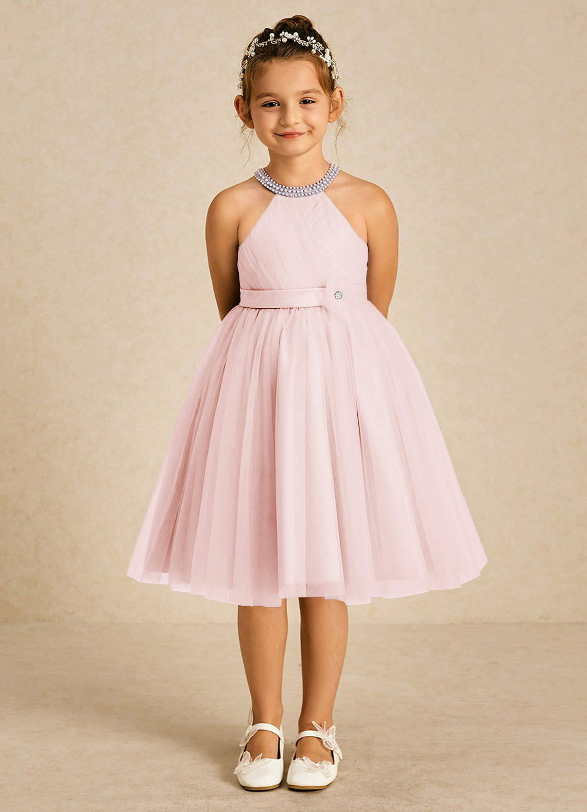 Azazie Honey Robe Demoiselle D'honneur Fillette Robe Trapèze en Mat Satiné Perlé Rose Pâle image1