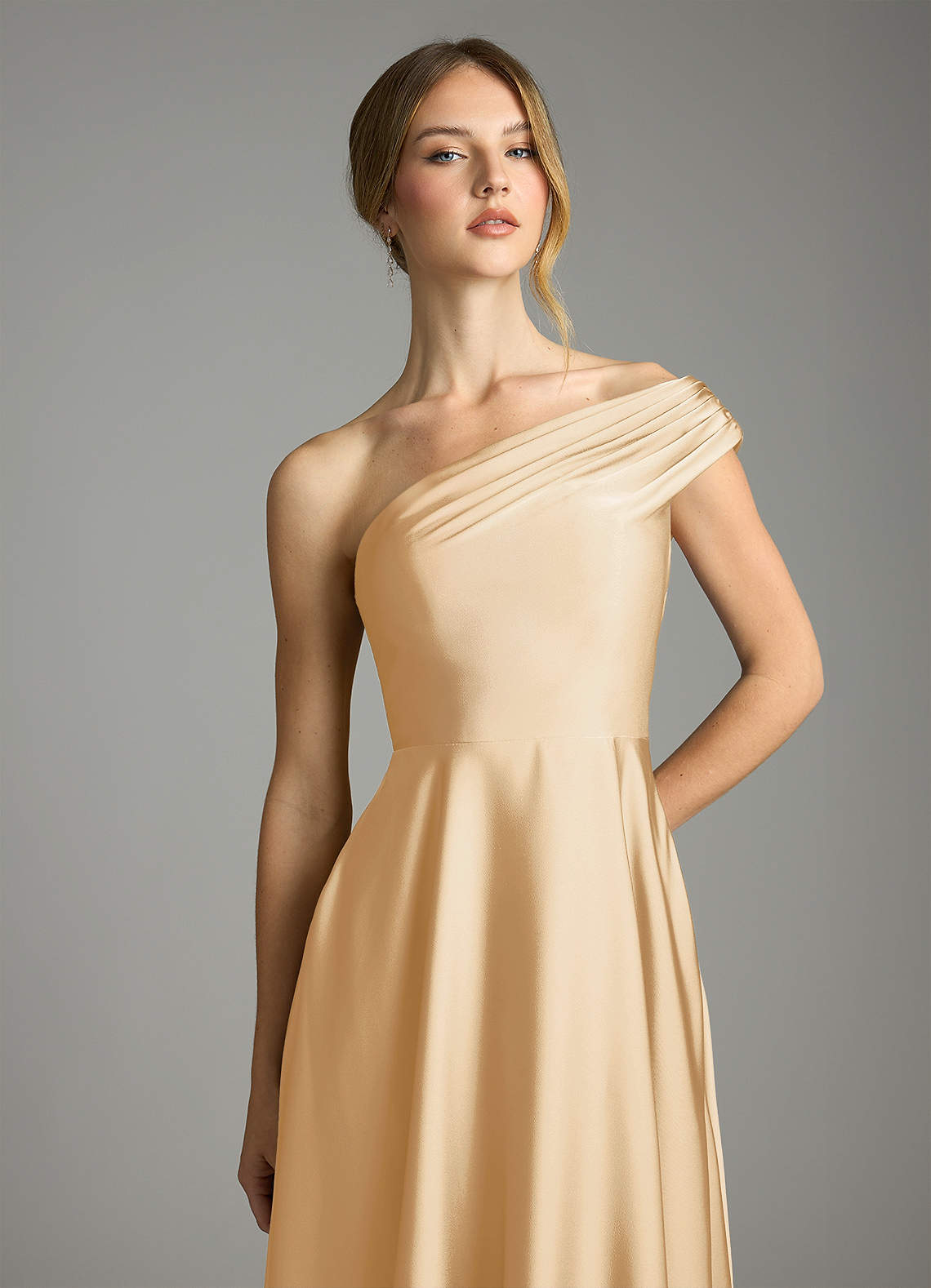 Azazie Melanie Gold Stretch Satin Bridesmaid Dresses | Azazie