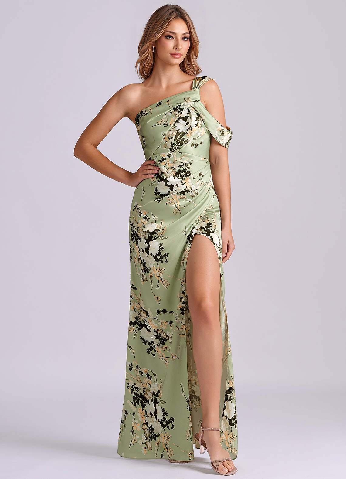 Azazie Wynter Abiti da Damigella Abito Tubino in Raso Elasticizzato Monospalla Floral Vines image3