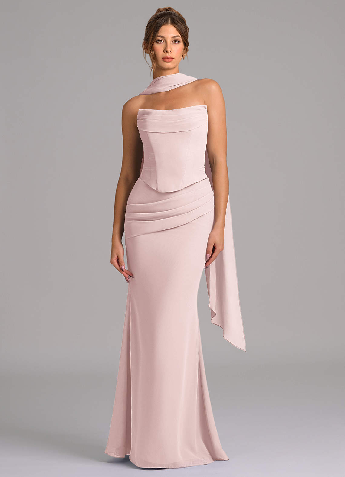 Azazie Sorrel Vestidos de damas de honor Vestido de Rosa Rubor de Gasa de Corte Sirena con Corsé image3