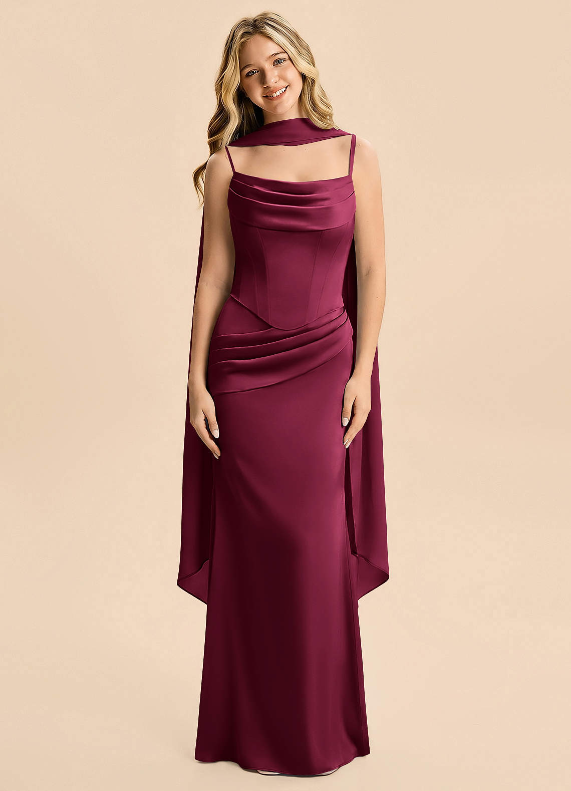 Azazie Sorrel Junior Burgundy Mermaid Ruched Stretch Satin Dress image2