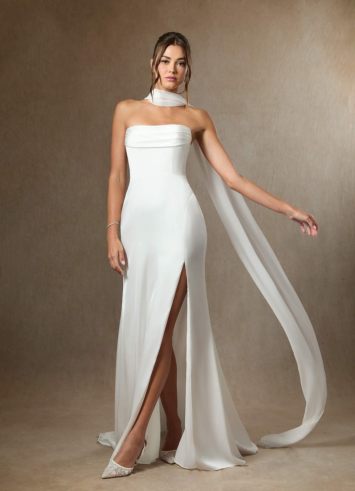 Azazie Blithe Wedding Dresses Diamond White Sheath Side Slit Stretch Satin Dress image5
