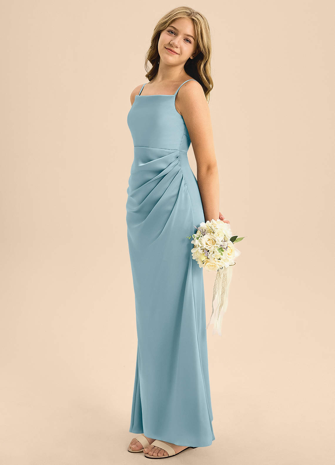 Azazie Renna Junior A-Linie Plissee Stretch-Satin Kleid Stimmungsvolles Blau image1