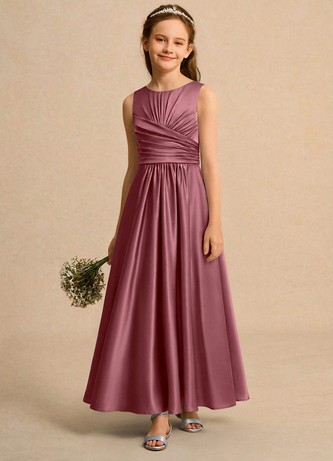 Azazie Ducky Girls Formal vestidos de niña de las flores Vestido de Rosa Del Desierto de Satén Elástico de Corte en A con Plisado image3