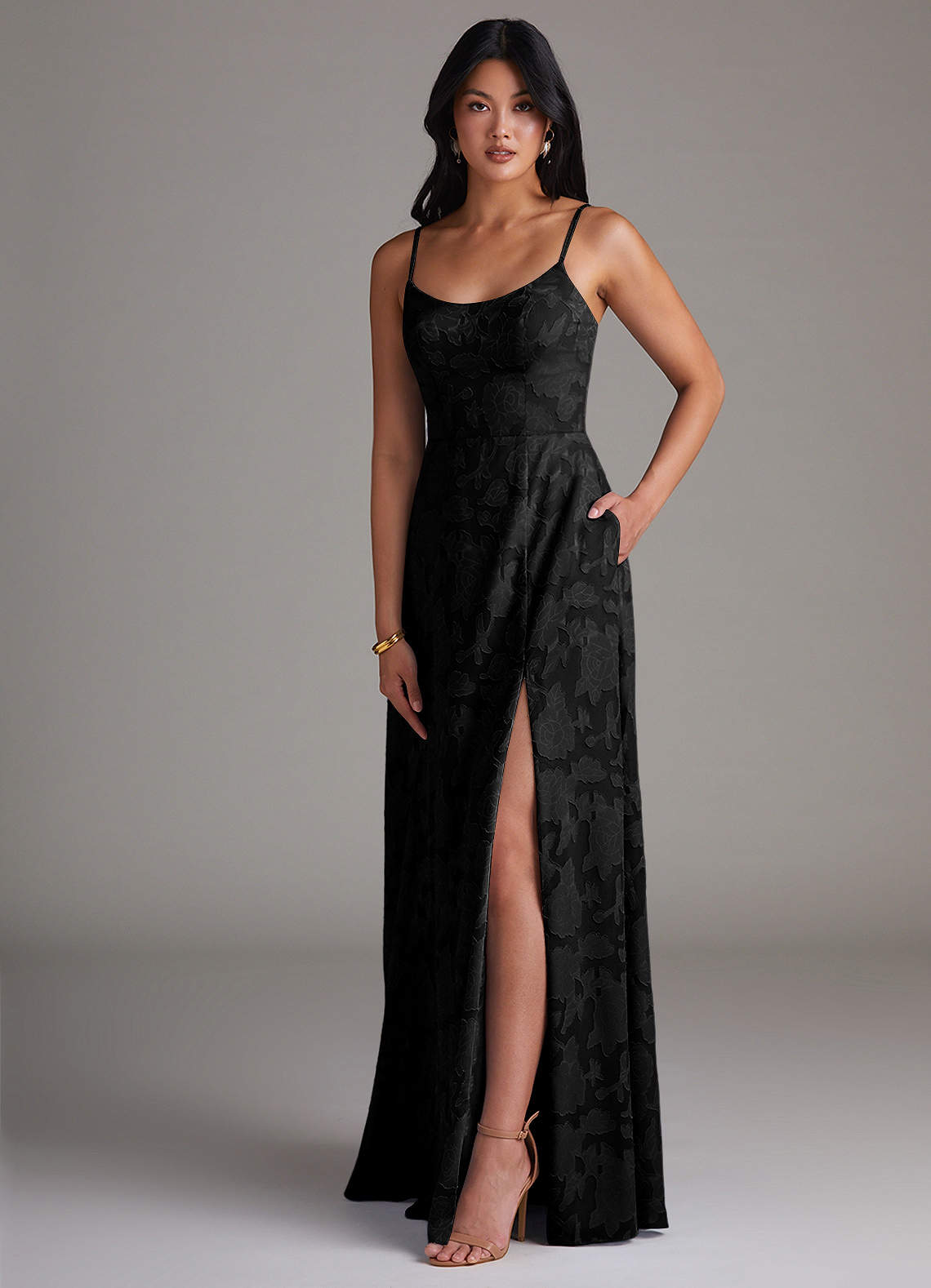 Azazie Moira Bridesmaid Dresses Black A-Line Side Slit Floral Burnout Dress image2