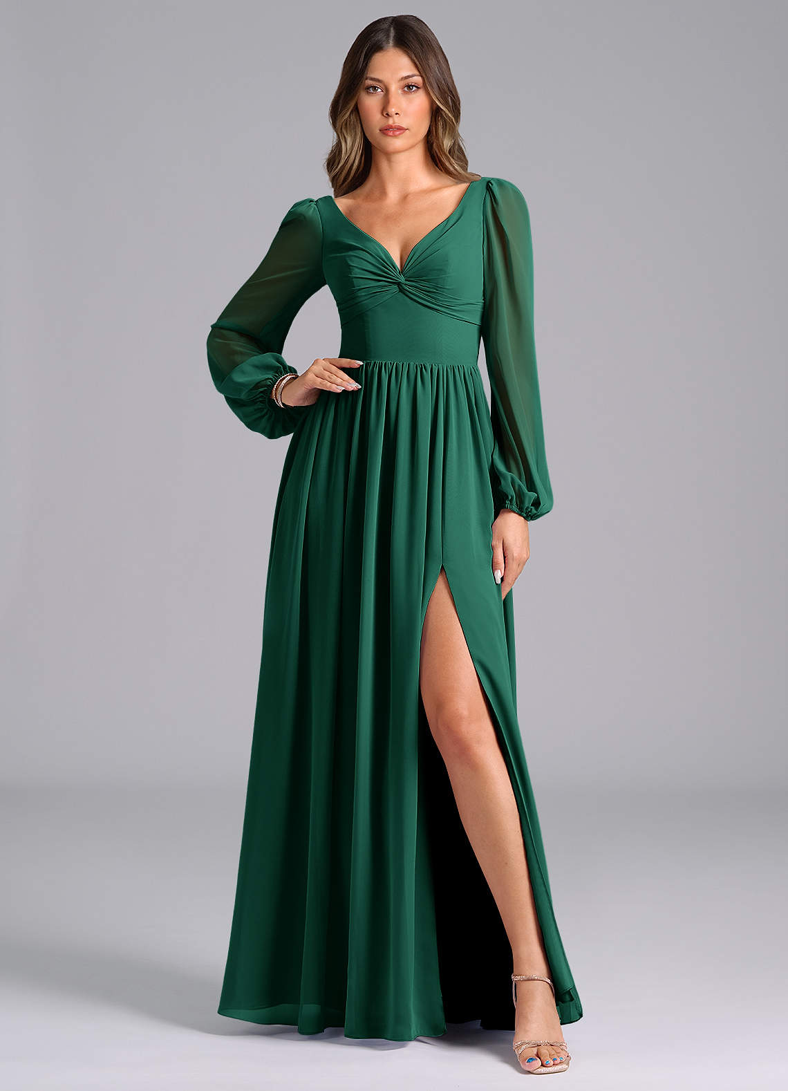 Azazie Zeya Bridesmaid Dresses Emerald A-Line Long Sleeve Chiffon Dress image1