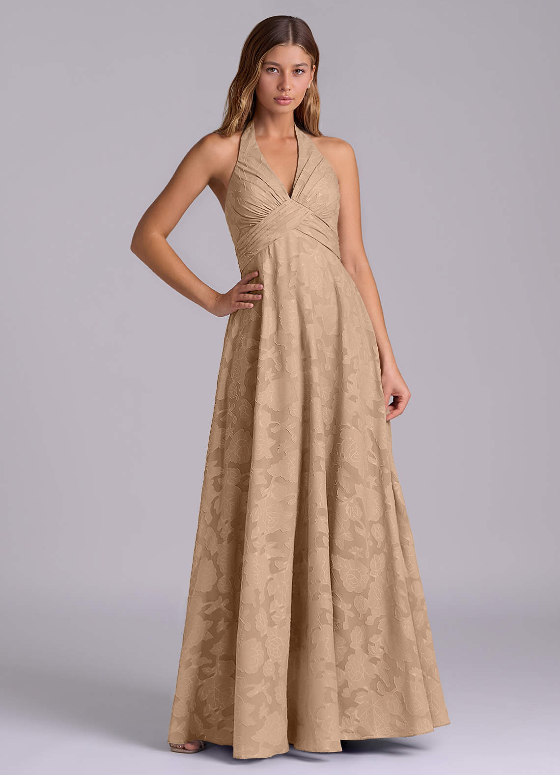 Azazie Tessie Brudtärnklänningar Klä av A-Linje i Blommig Utbrändhet Plisserad Champagne image1