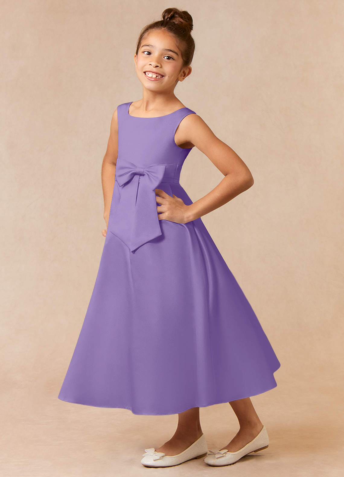 Azazie Lindy Flower Girl Dresses Tahiti A-Line Pleated Matte Satin Dress image1