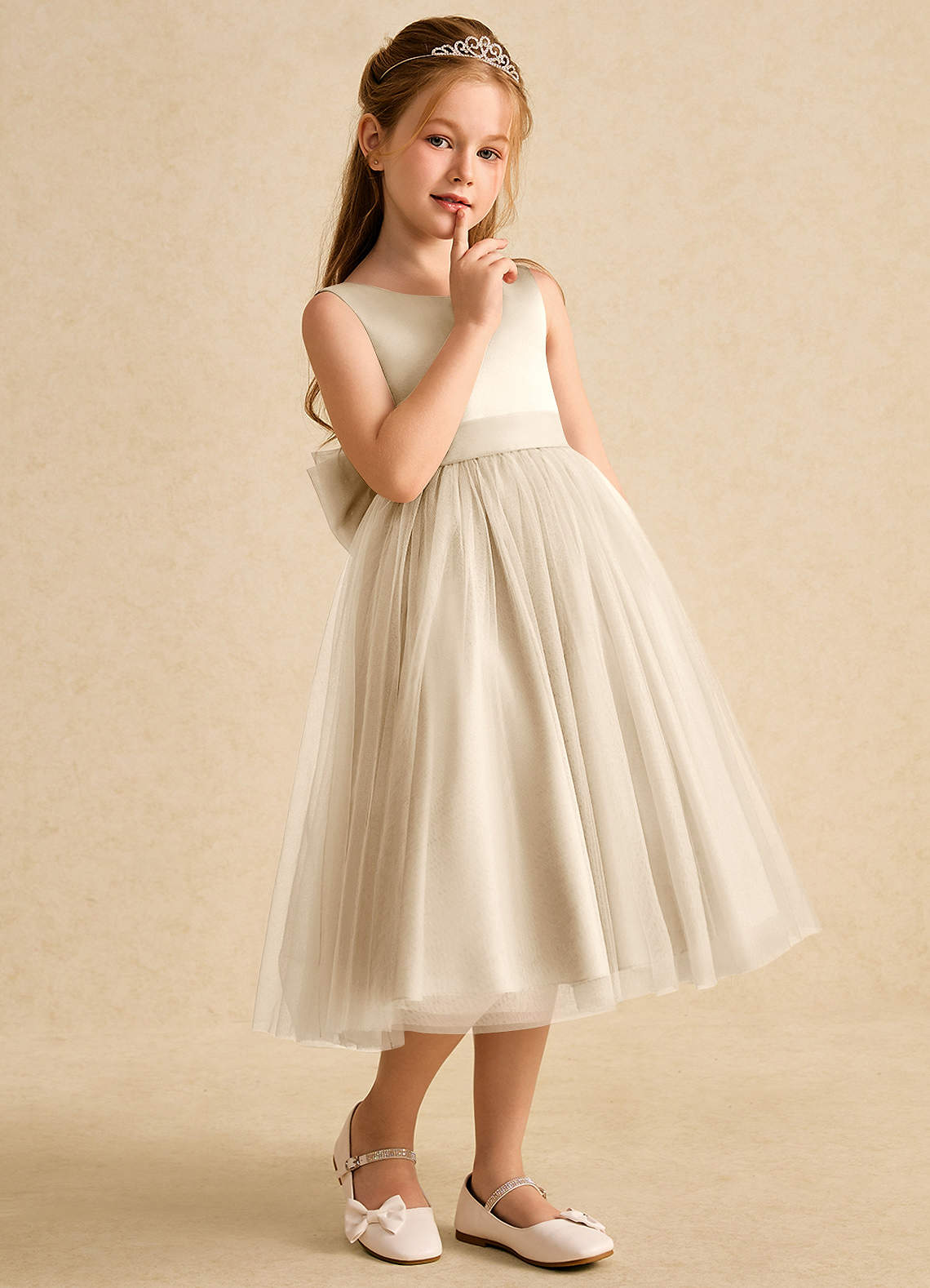 Azazie Winnie Flower Girl Dresses Champagne Ball-Gown Bow Tulle Dress image5