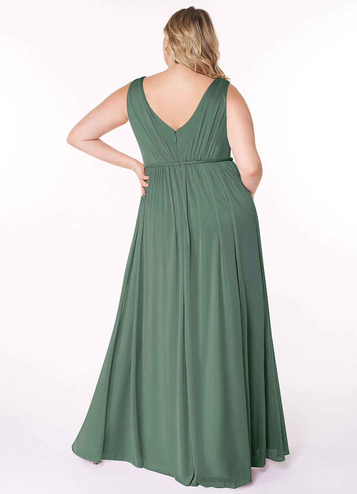 Azazie Tanicia Bridesmaid Dresses Eucalyptus A-Line V-Neck Pleated Mesh Dress image5