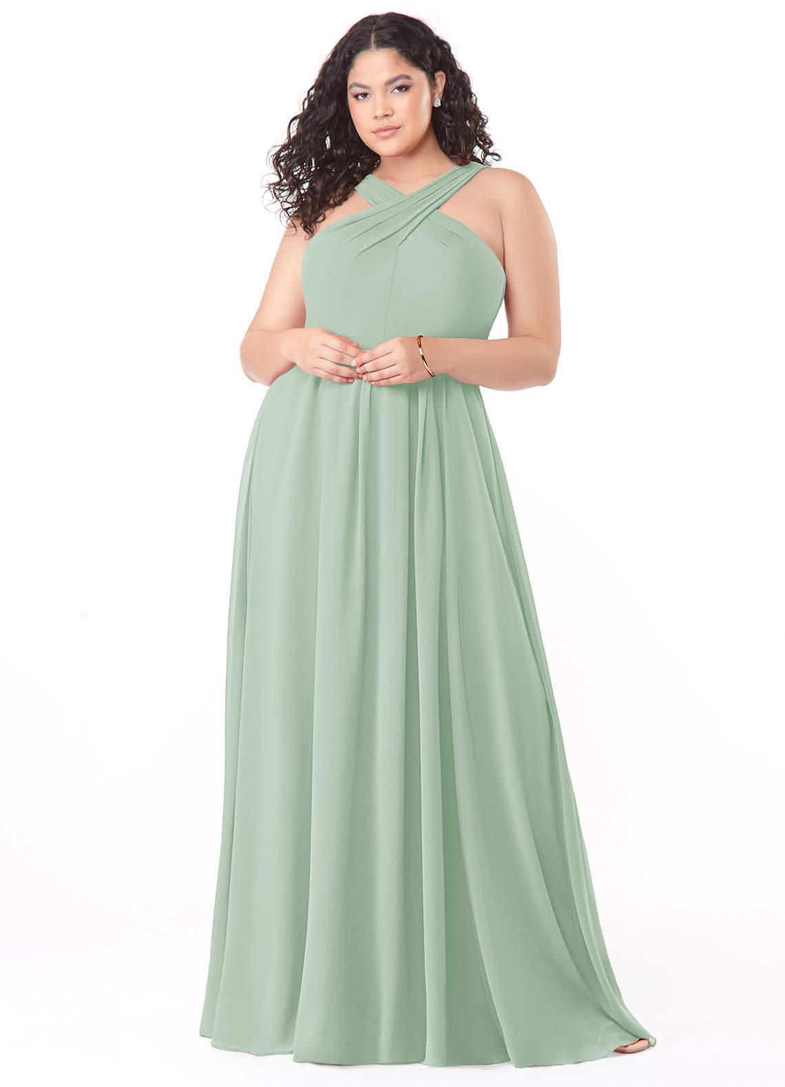 Azazie Dixie Bridesmaid Dresses Agave A-Line Halter Pleated Chiffon Dress image1