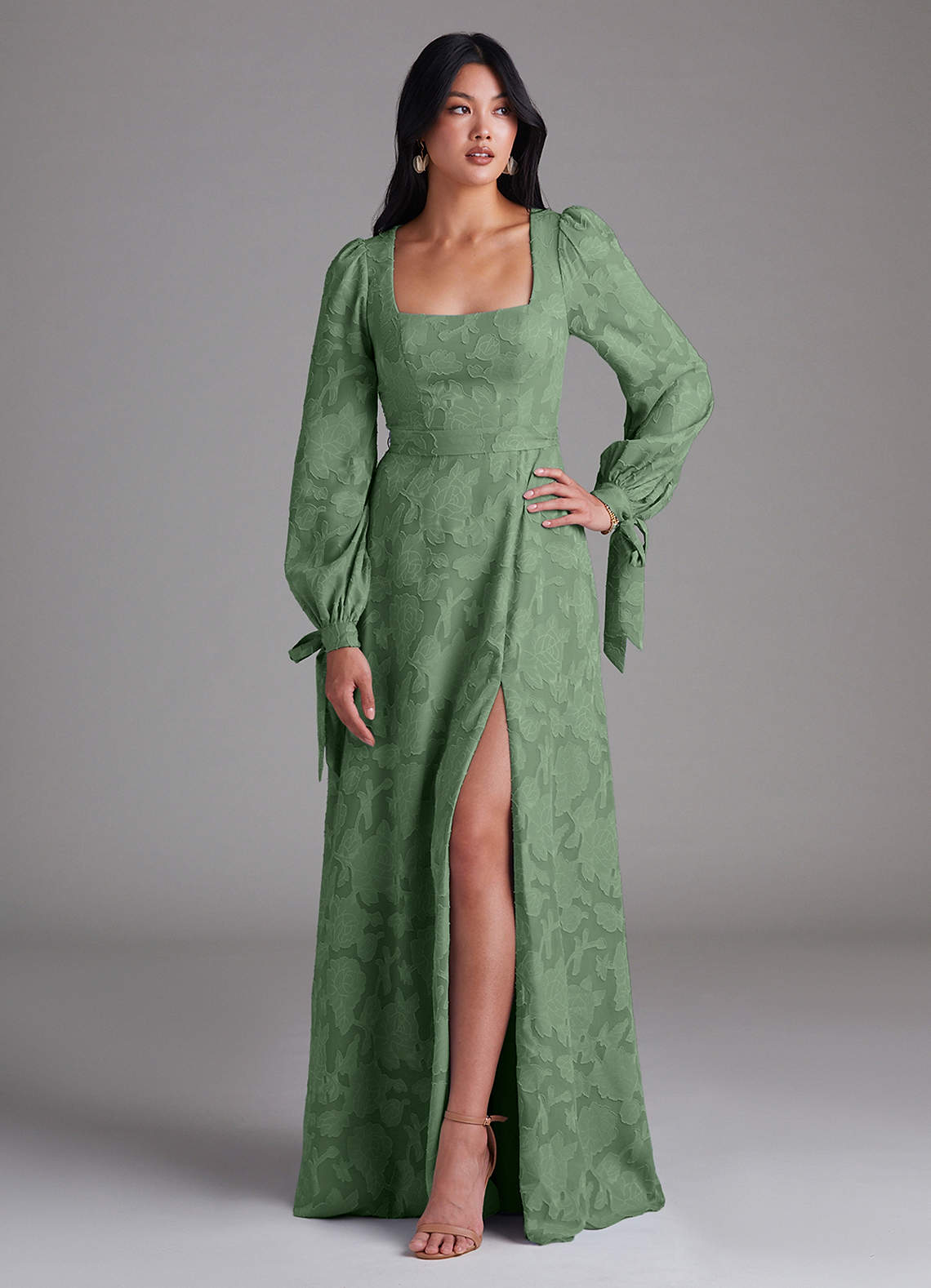 Azazie Leonia Bridesmaid Dresses Eucalyptus A-Line Long Sleeve Floral Burnout Dress image1