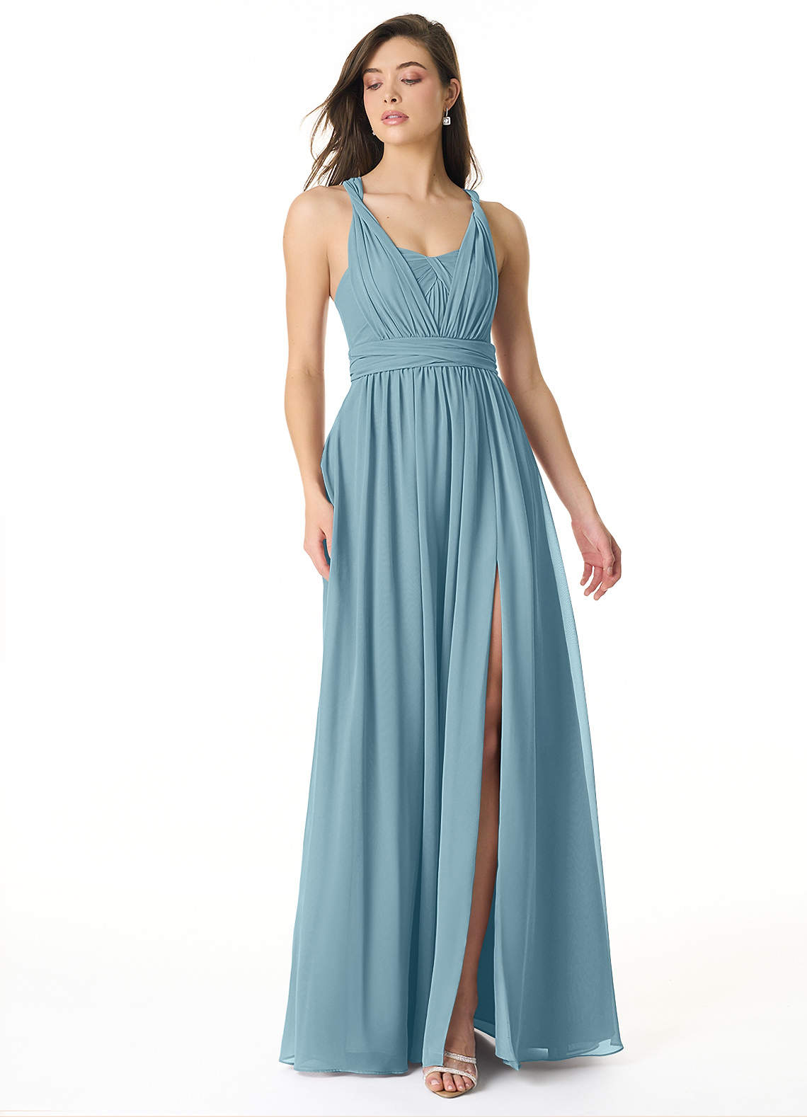 Azazie Olani Bridesmaid Dresses Moody Blue A-Line Off the Shoulder Chiffon Convertible Dress image1