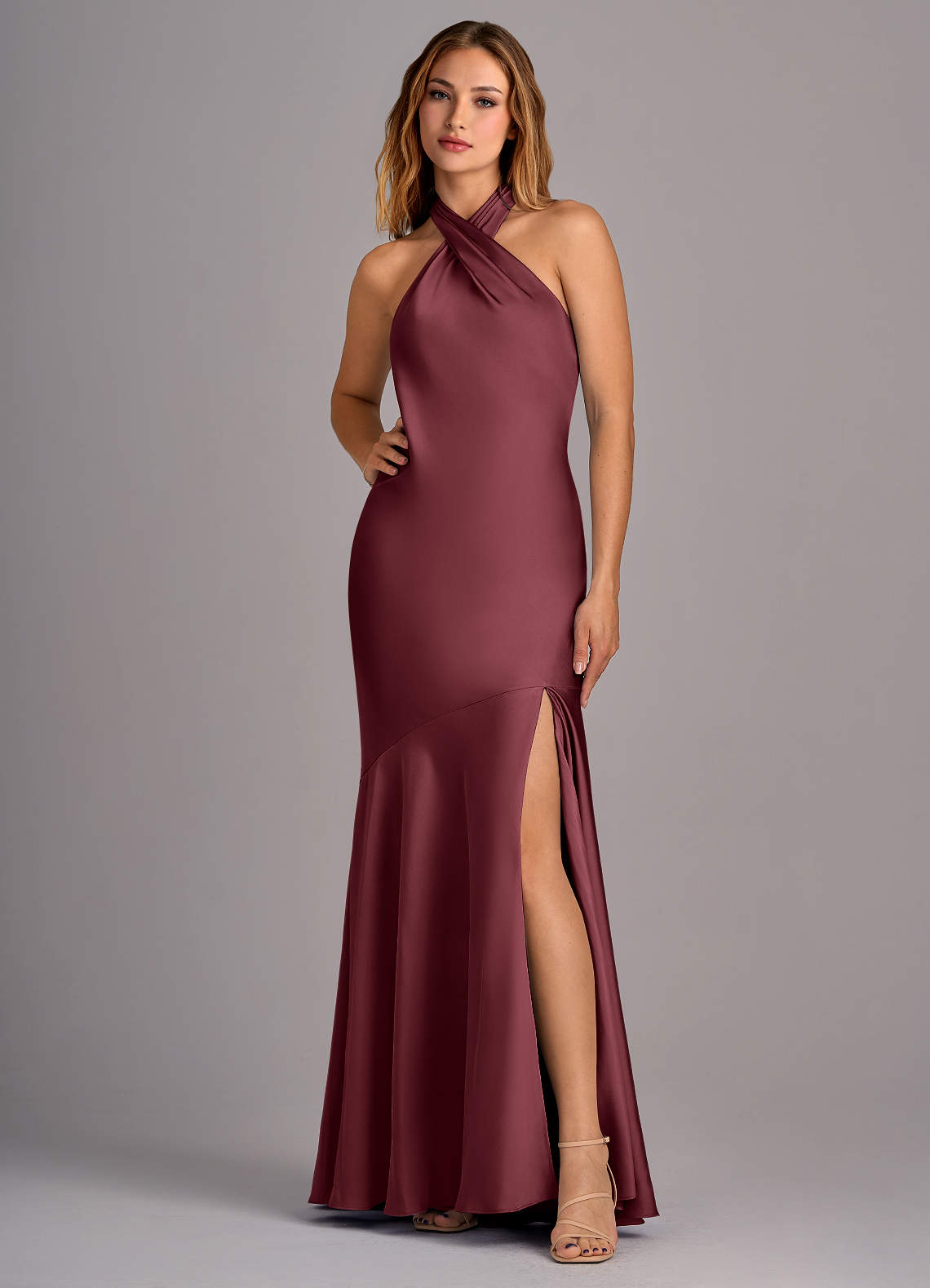 Azazie Lorena Bridesmaid Dresses Merlot Mermaid Pleated Stretch Satin Dress image1