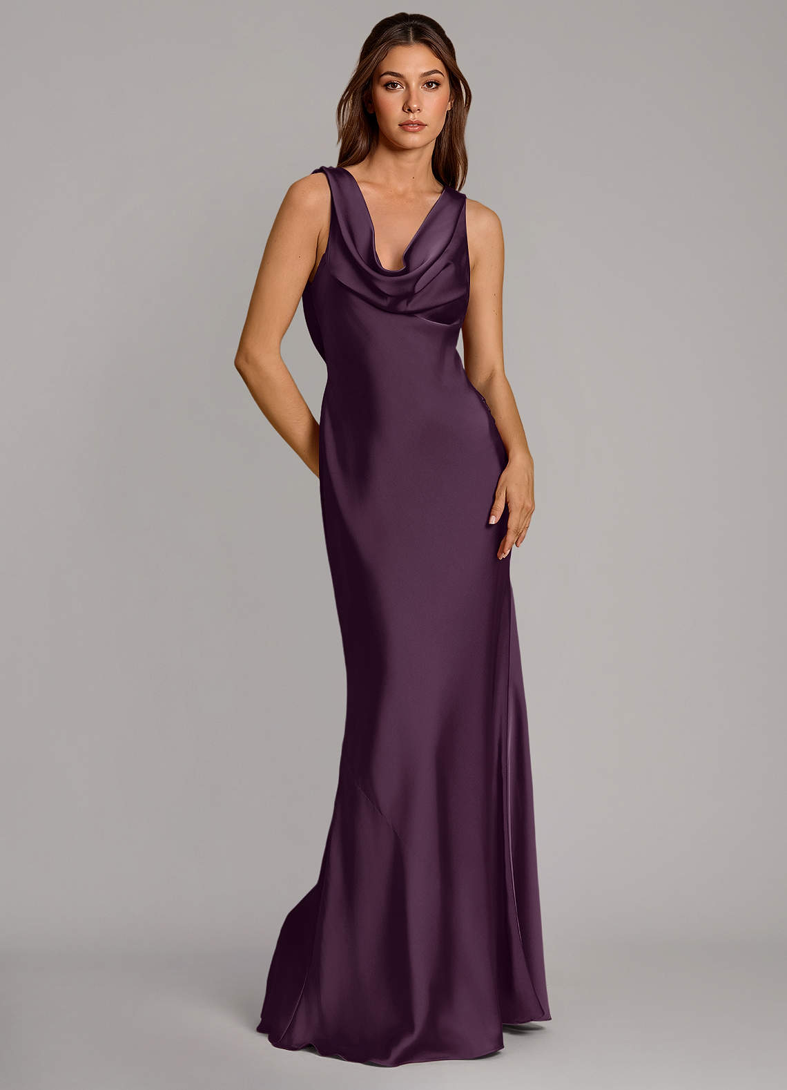 Azazie Cheryl Vestidos de damas de honor Vestido de Ciruela de Satén Elástico de Corte Sirena image4