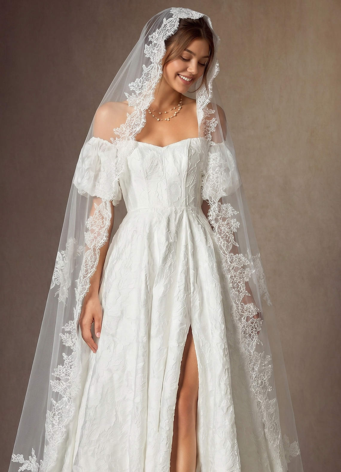 front Scalloped Edge Cathedral Veil with Floral Embroidery