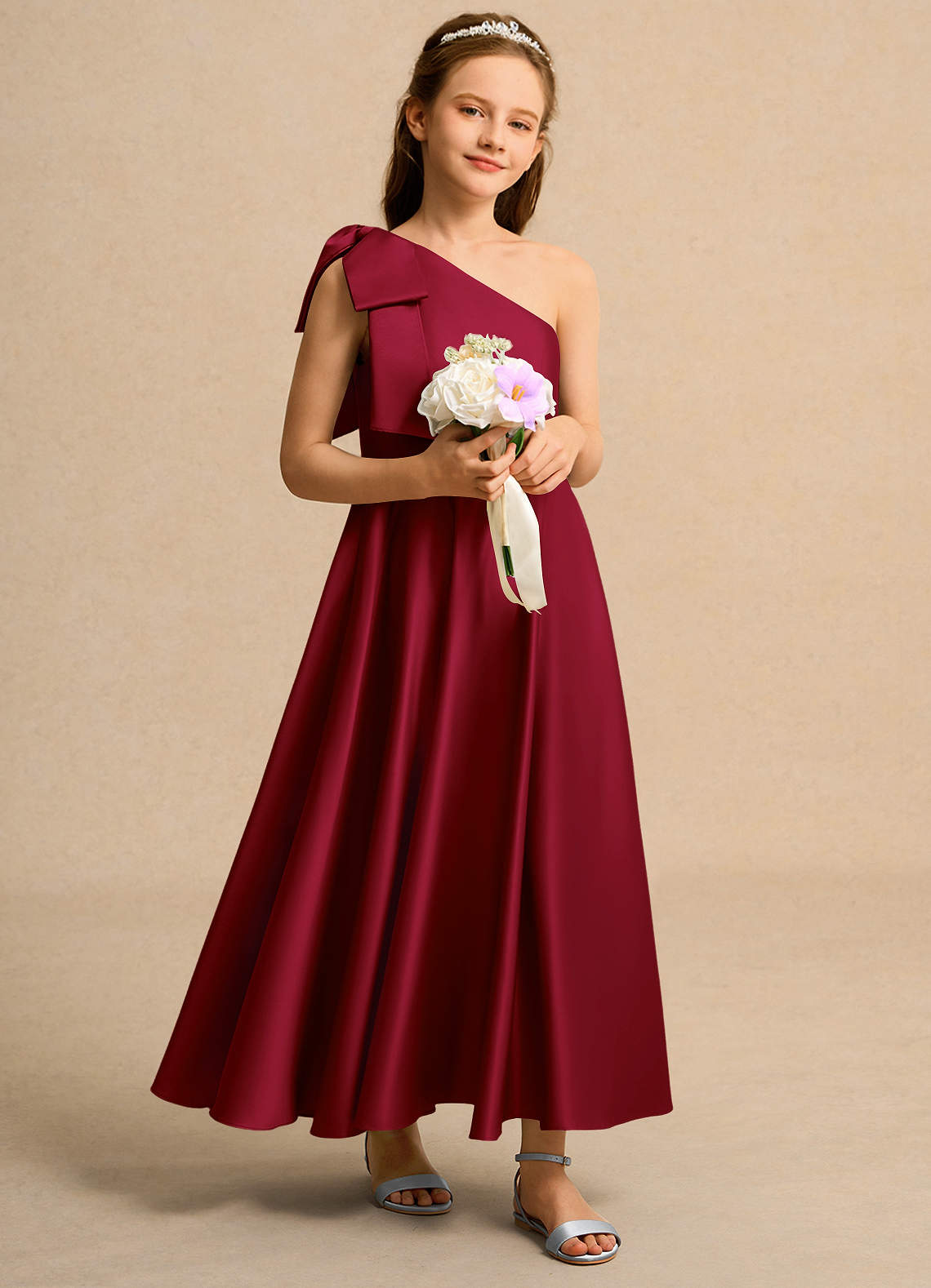 Azazie A-Line/Princess One-Shoulder Ankle-Length Chiffon Girl Formal Dresses - Burgundy
