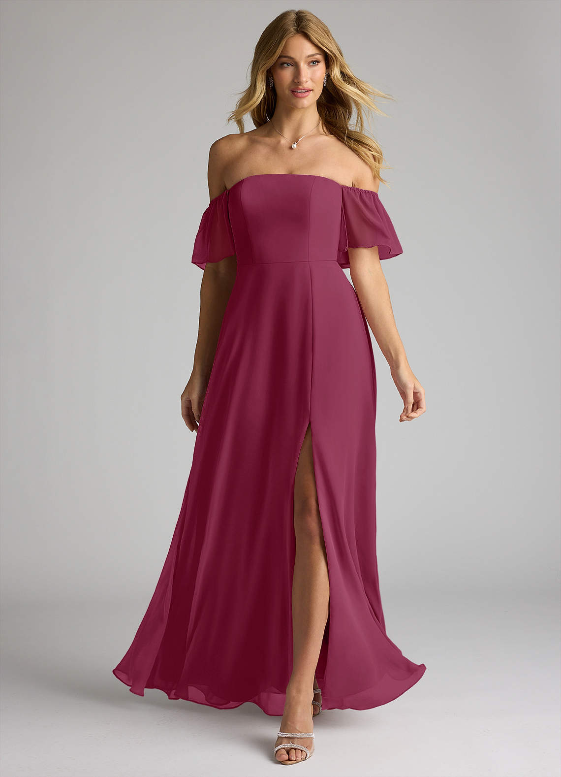 Azazie Sue Bridesmaid Dresses Mulberry A-Line Off the Shoulder Chiffon Convertible Dress image1