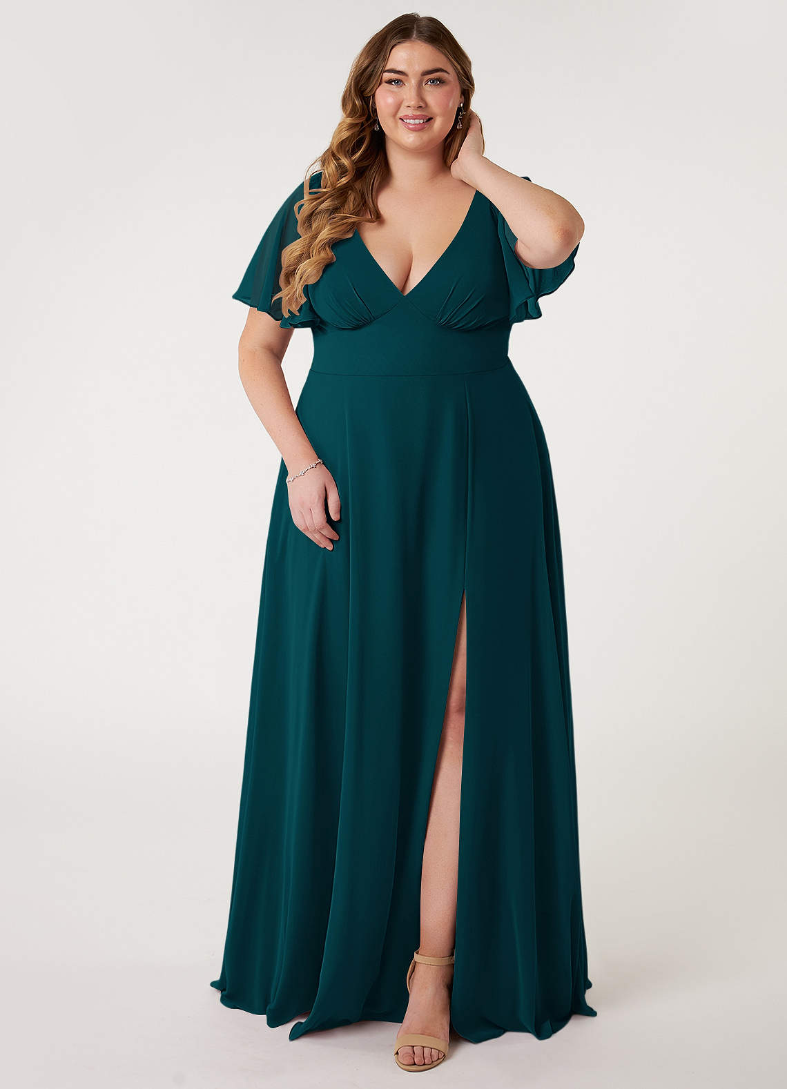 Azazie Kimber Bridesmaid Dresses Pine A-Line Flounce Sleeve Chiffon Dress image1