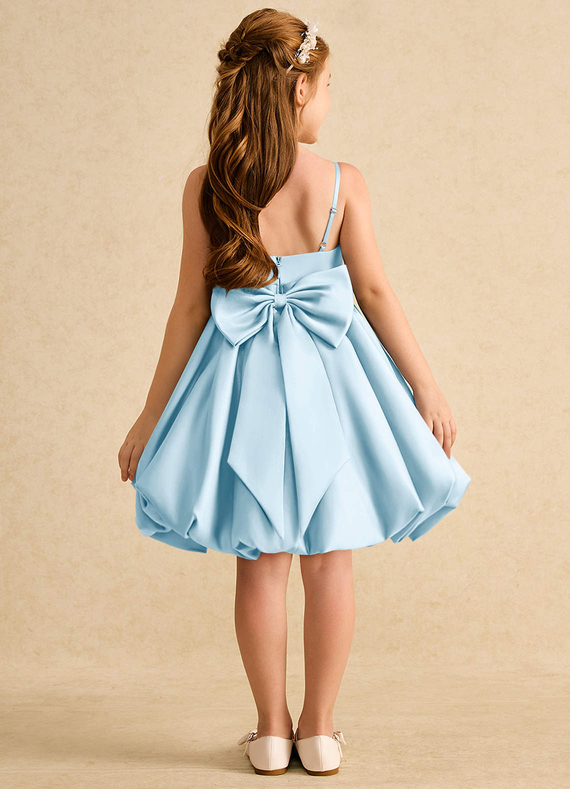 Azazie Davine Flower Girl Dresses Sky Blue A-Line Spaghetti Strap Matte Satin Dress image7