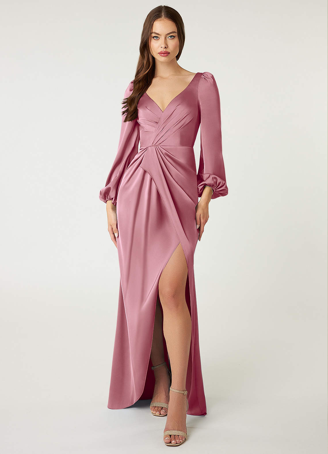 Azazie Mel Bridesmaid Dresses Vintage Mauve Sheath Long Sleeve Stretch Satin Dress image1