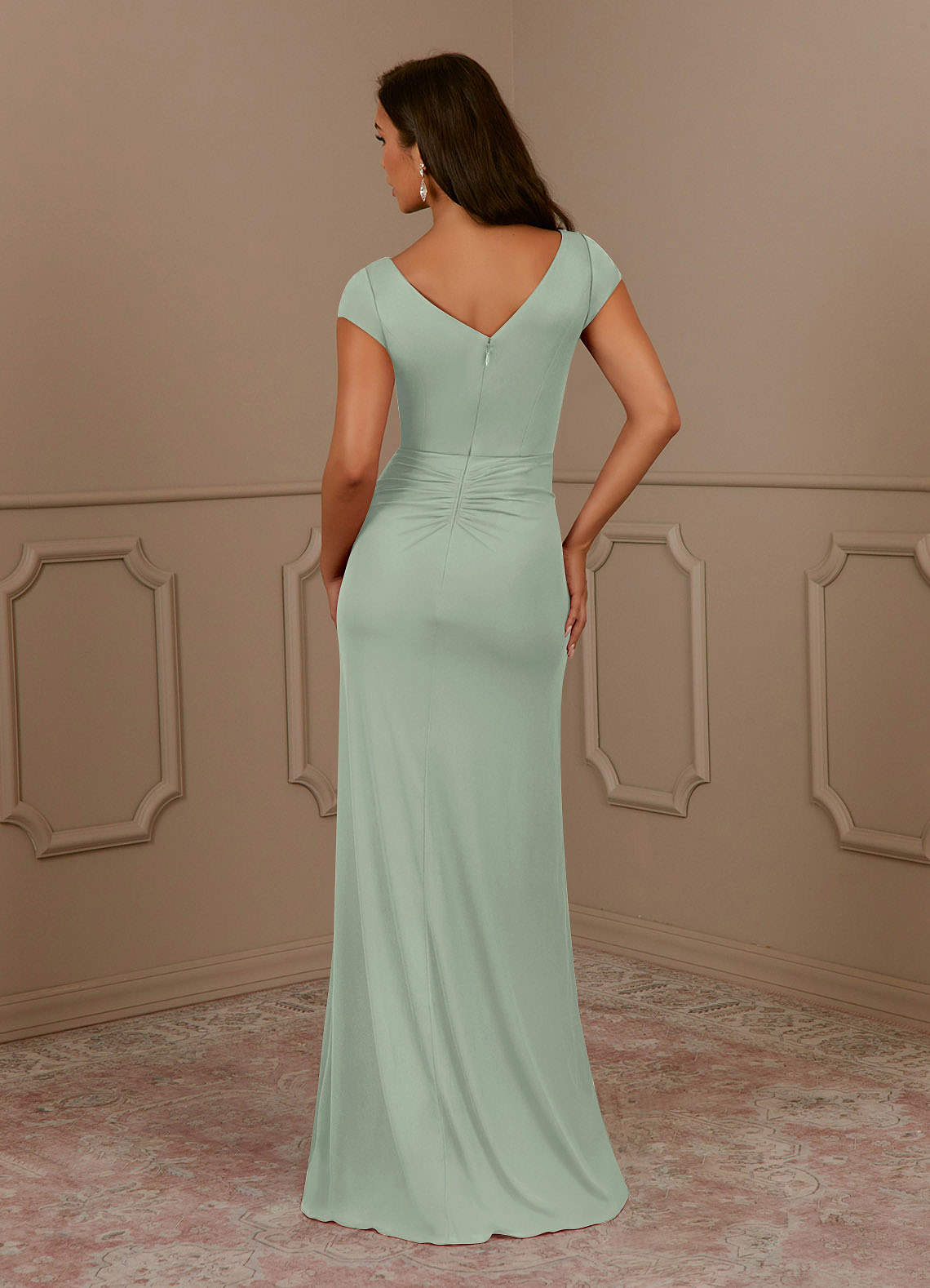 Azazie Roya Mother of the Bride Dresses Dusty Sage Mermaid V-Neck Pleated Mesh Dress image3