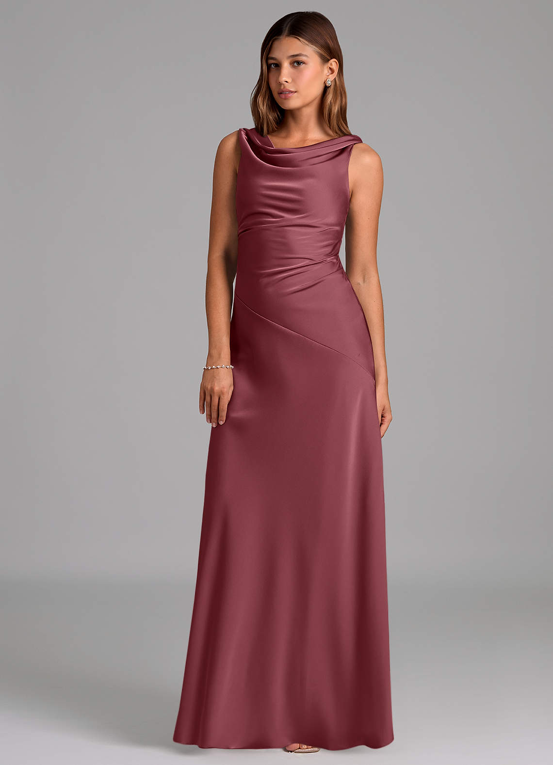 Azazie Nerine Brudtärnklänningar Klä av A-Linje i Stretch Satin Plisserad Desert Rose image1