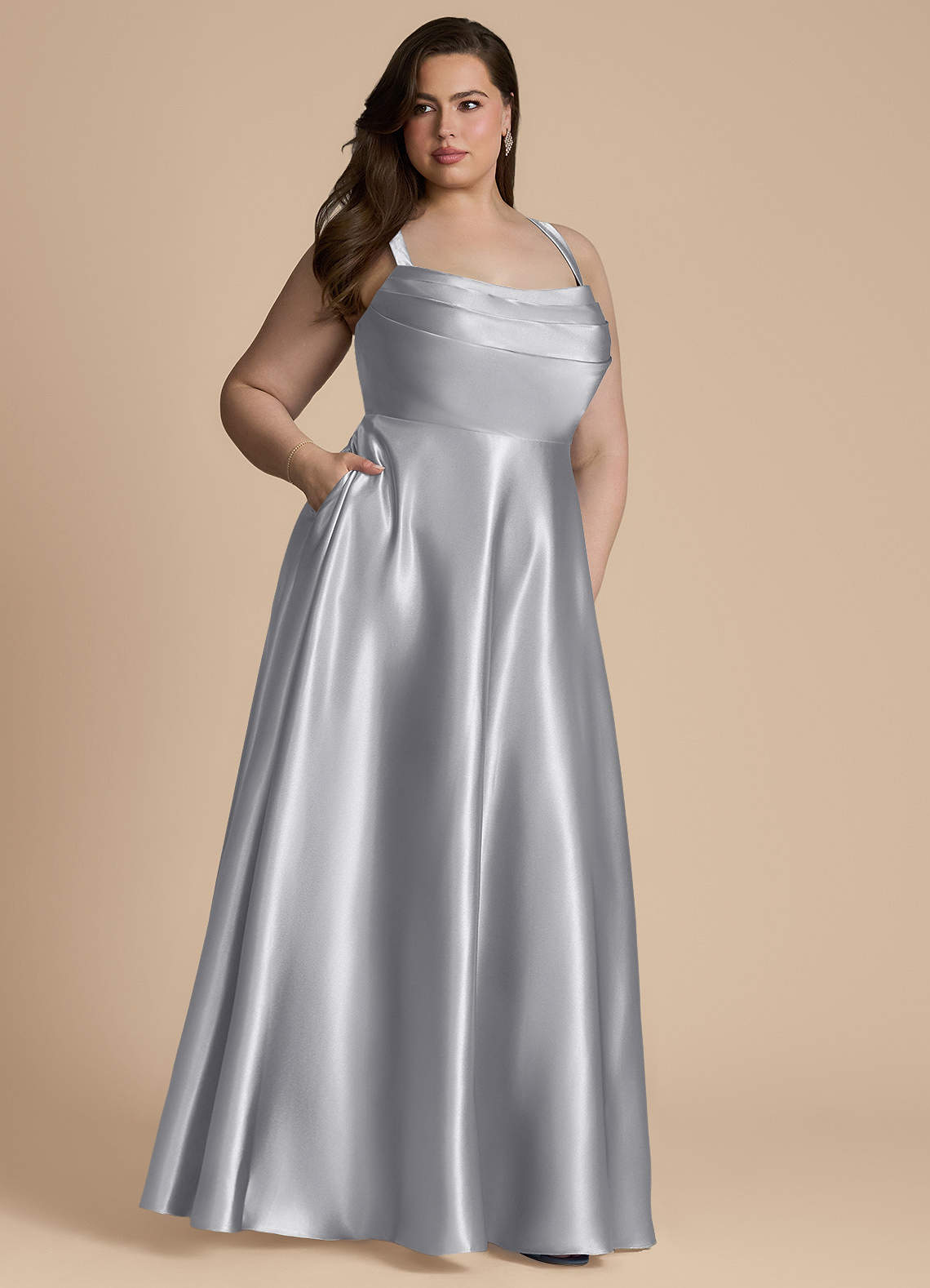 Azazie Shaude Bridesmaid Dresses Silver A-Line Pleated Metallic Satin Dress image11