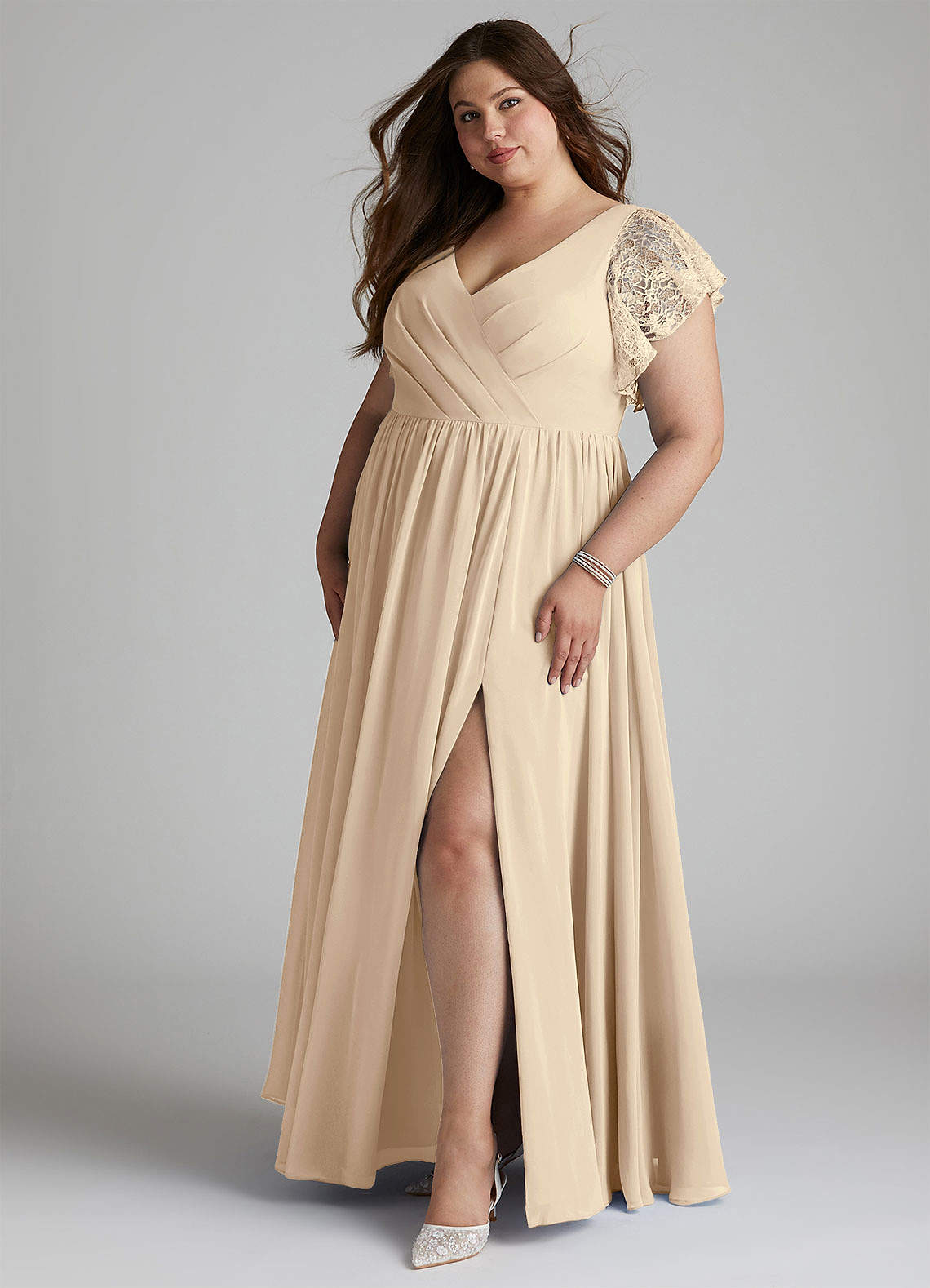 Azazie Zella Klänningar att prova hemma Klä av A-Linje i Chiffong Spets Champagne image8