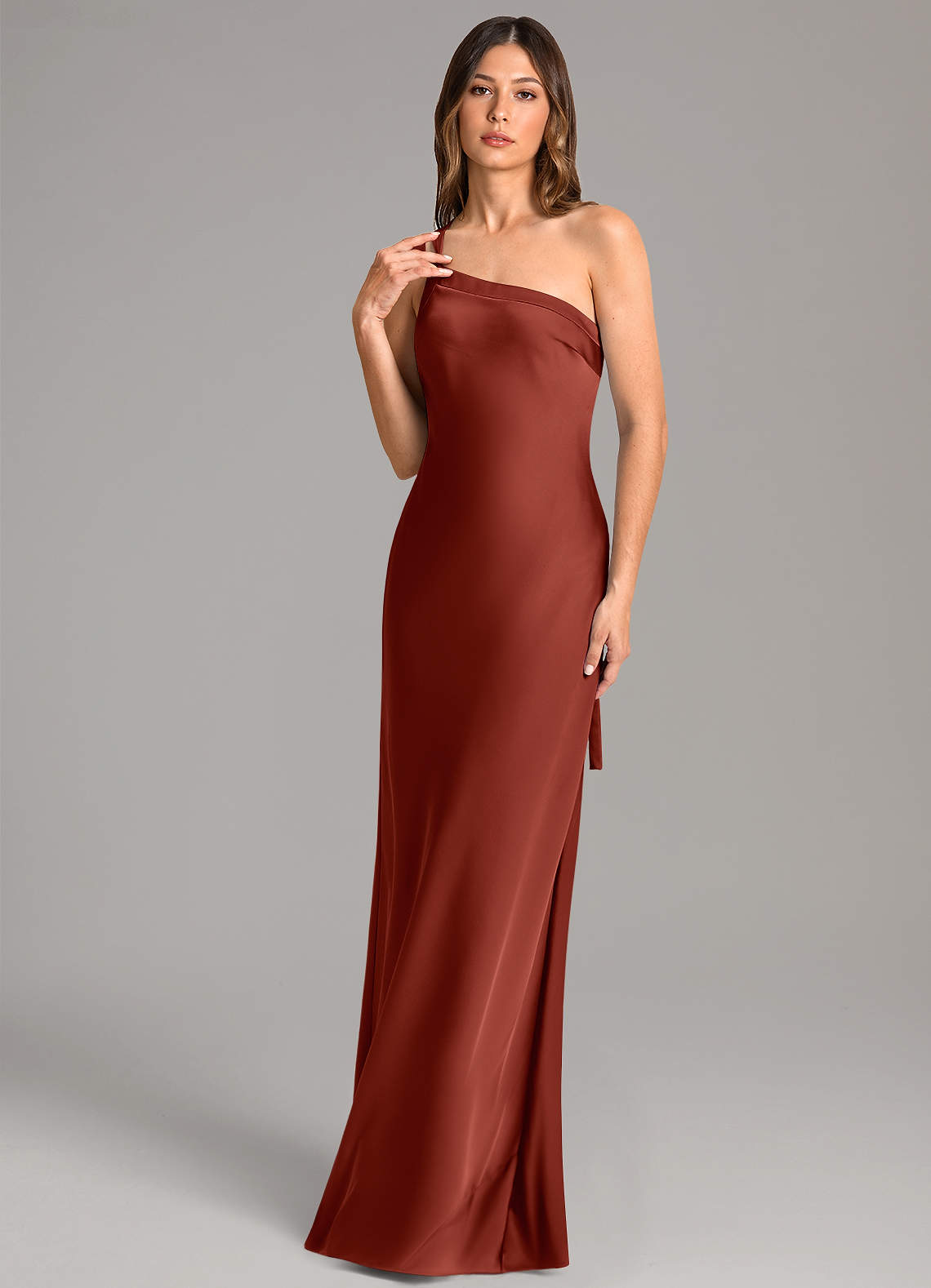Azazie Monroe Robes de demoiselle d'honneur Robe Sirène en Satin extensible Ue épaule Terracotta image1