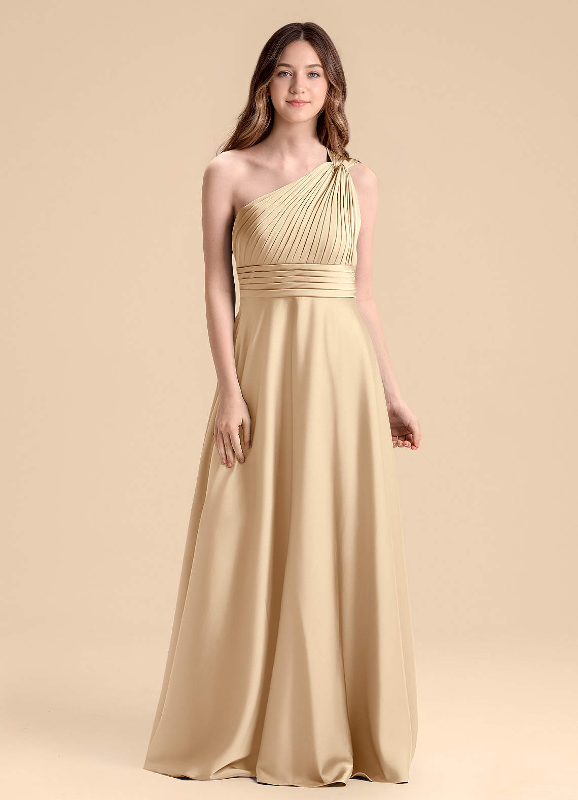 Azazie Charlize Junior A-Linie Plissee Stretch-Satin Kleid Champagner image1