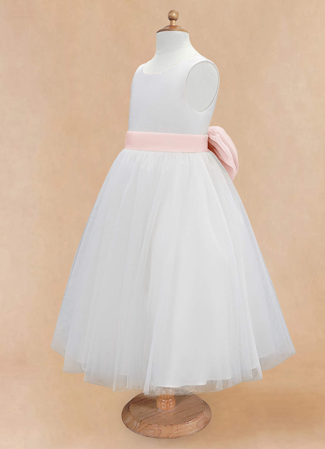 Azazie Kavi Flower Girl Dresses Ivory Blushing Pink A-Line Bow Matte Satin Dress image8