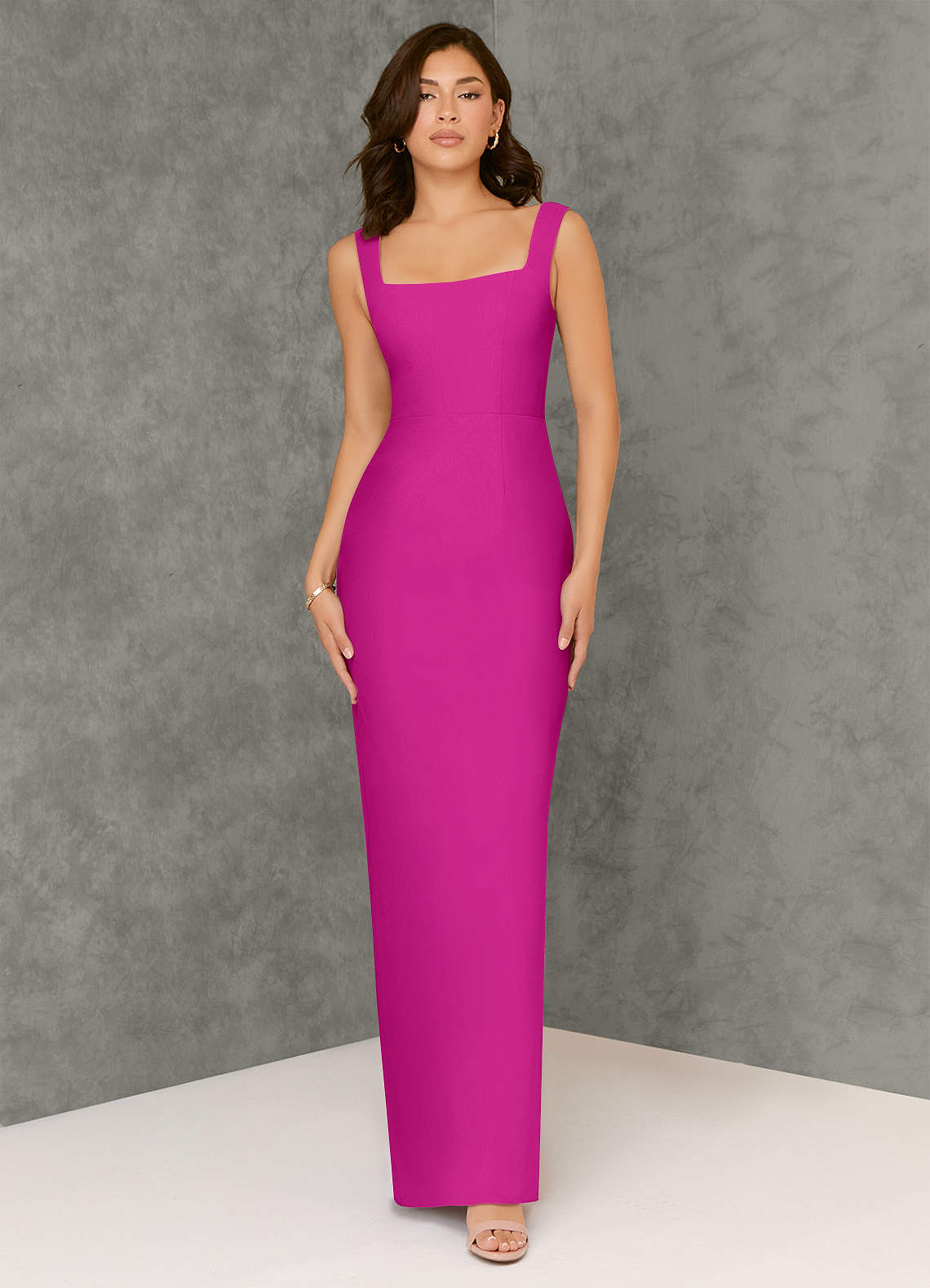 Azazie Flori Bridesmaid Dresses Fuchsia Sheath Square Neckline Chiffon Dress image1