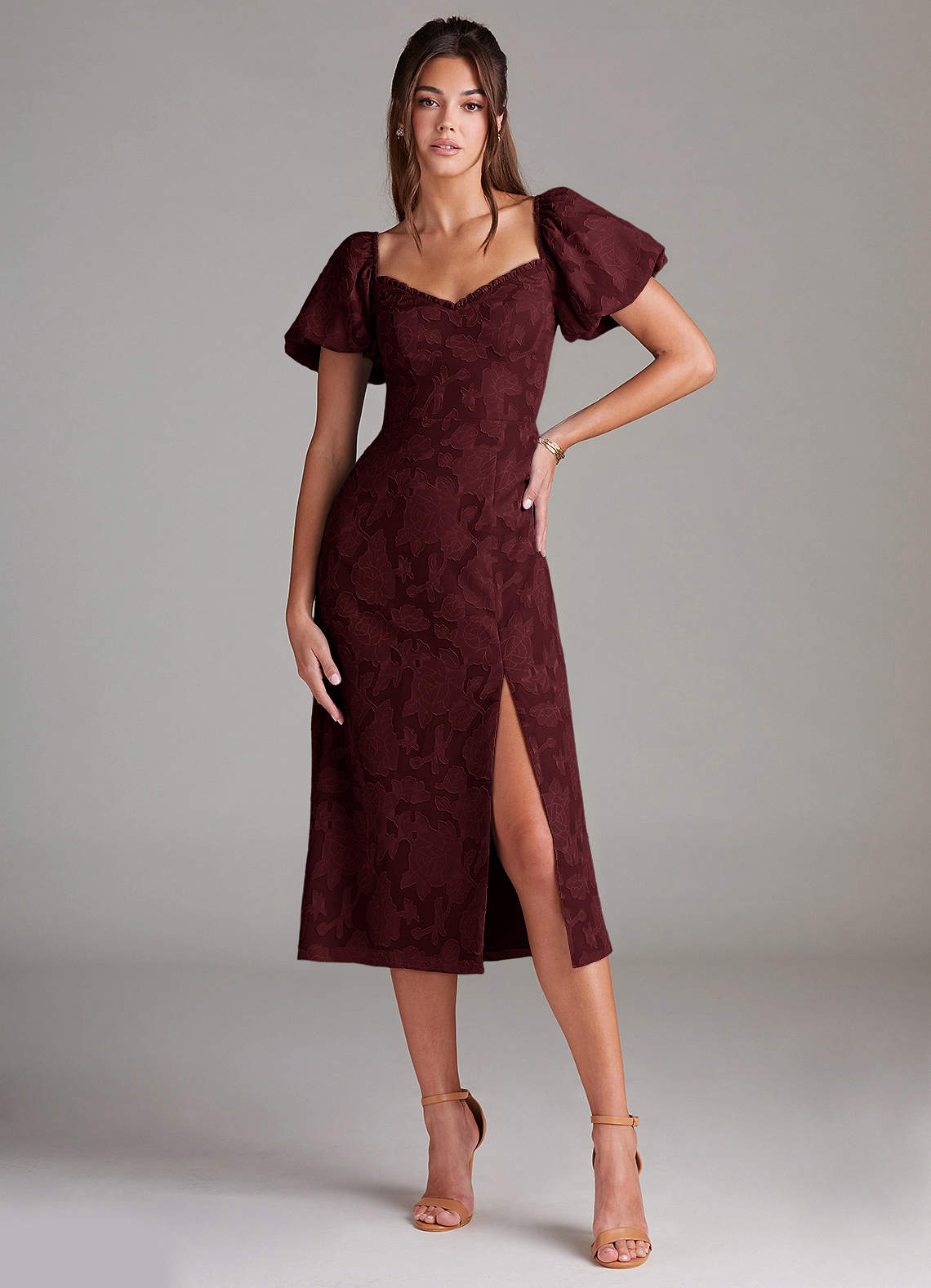 Evalina Wine Puff Sleeves Midi Dress Ready to Ship | Azazie Evalina Wine Puff Sleeves Midi Dress Ready to Ship | Azazie