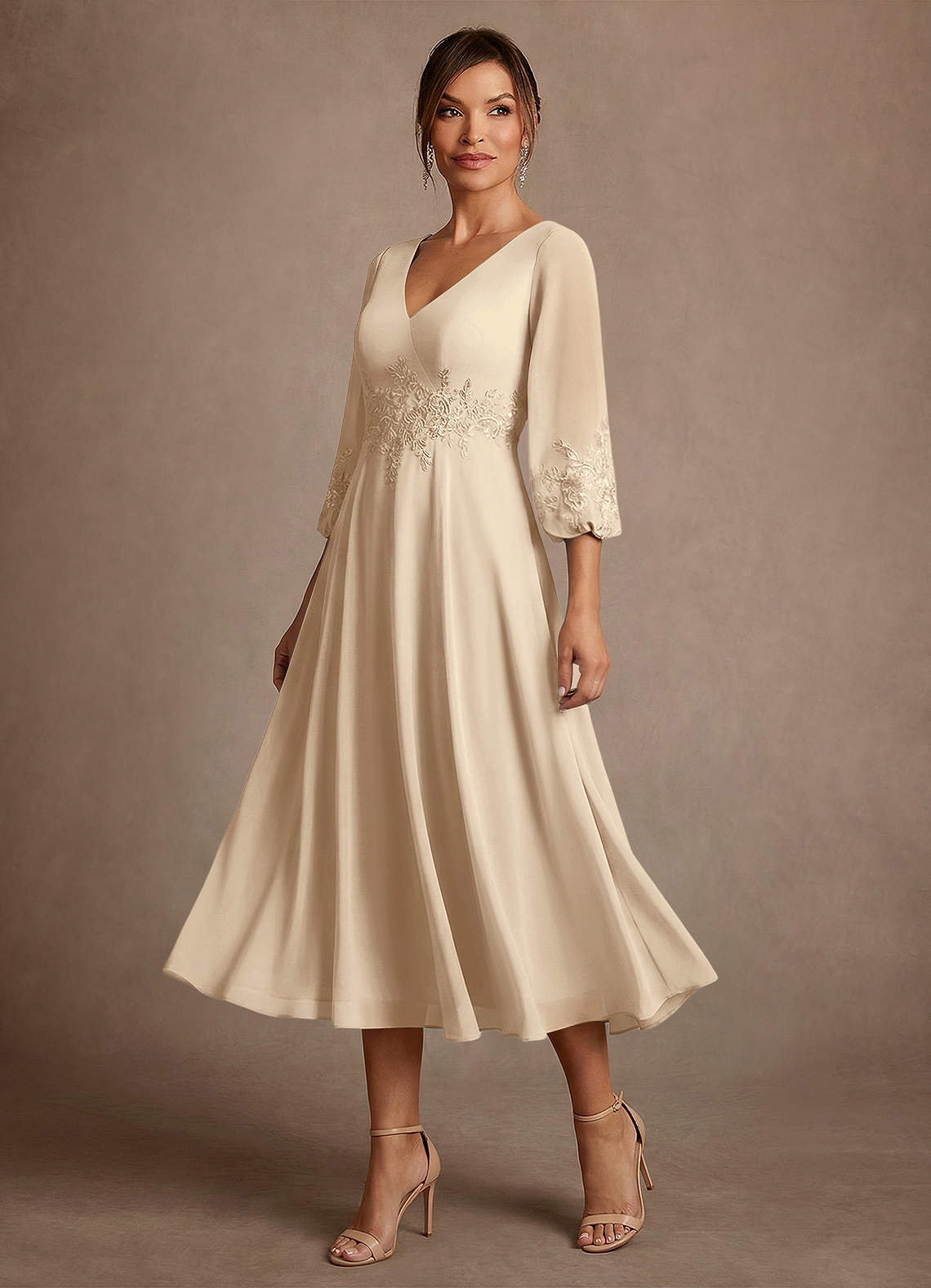 Azazie Ana Vestidos para mãe da noiva Vestido Champanhe de Chiffon de Linha A com Renda image3