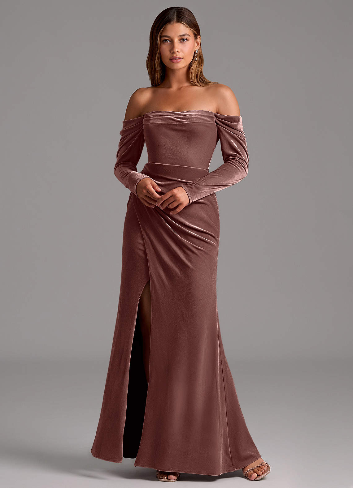 Azazie Hallie At-home Try On Dresses Terracotta Mermaid Long Sleeve Velvet Convertible Dress image2