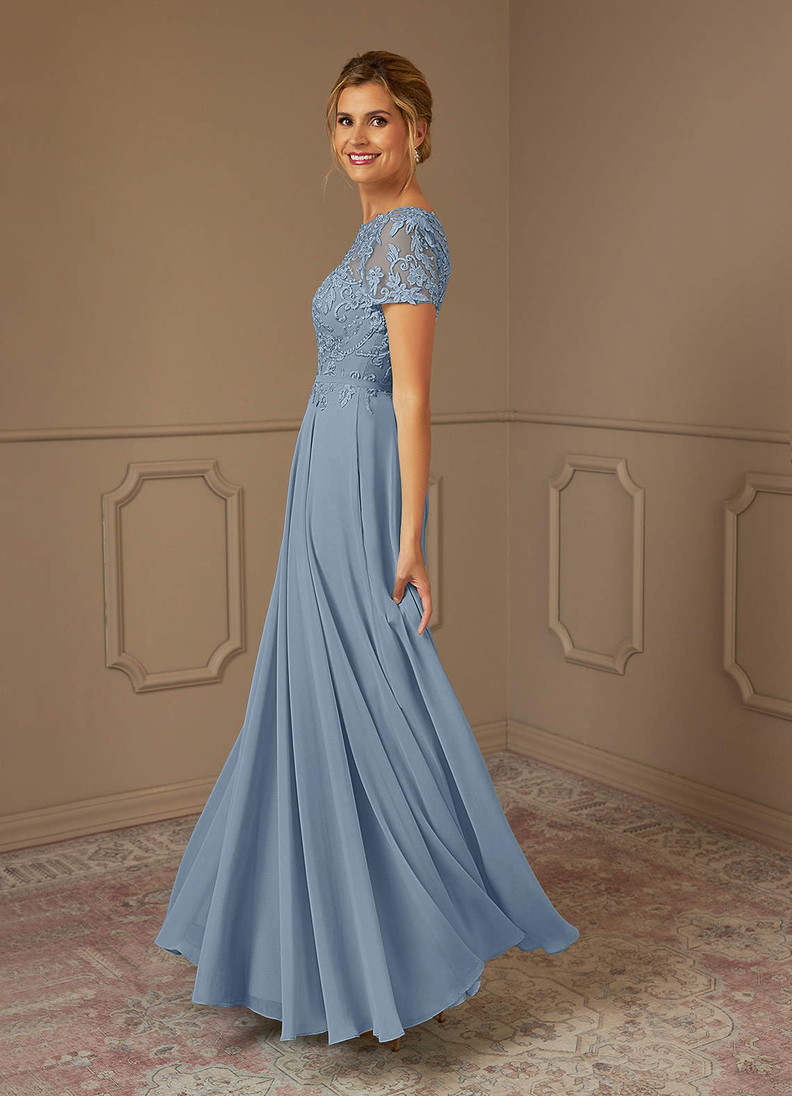 Azazie Adina Mother of the Bride Dresses Dusty Blue A-Line Boatneck Sequins Chiffon Dress image2