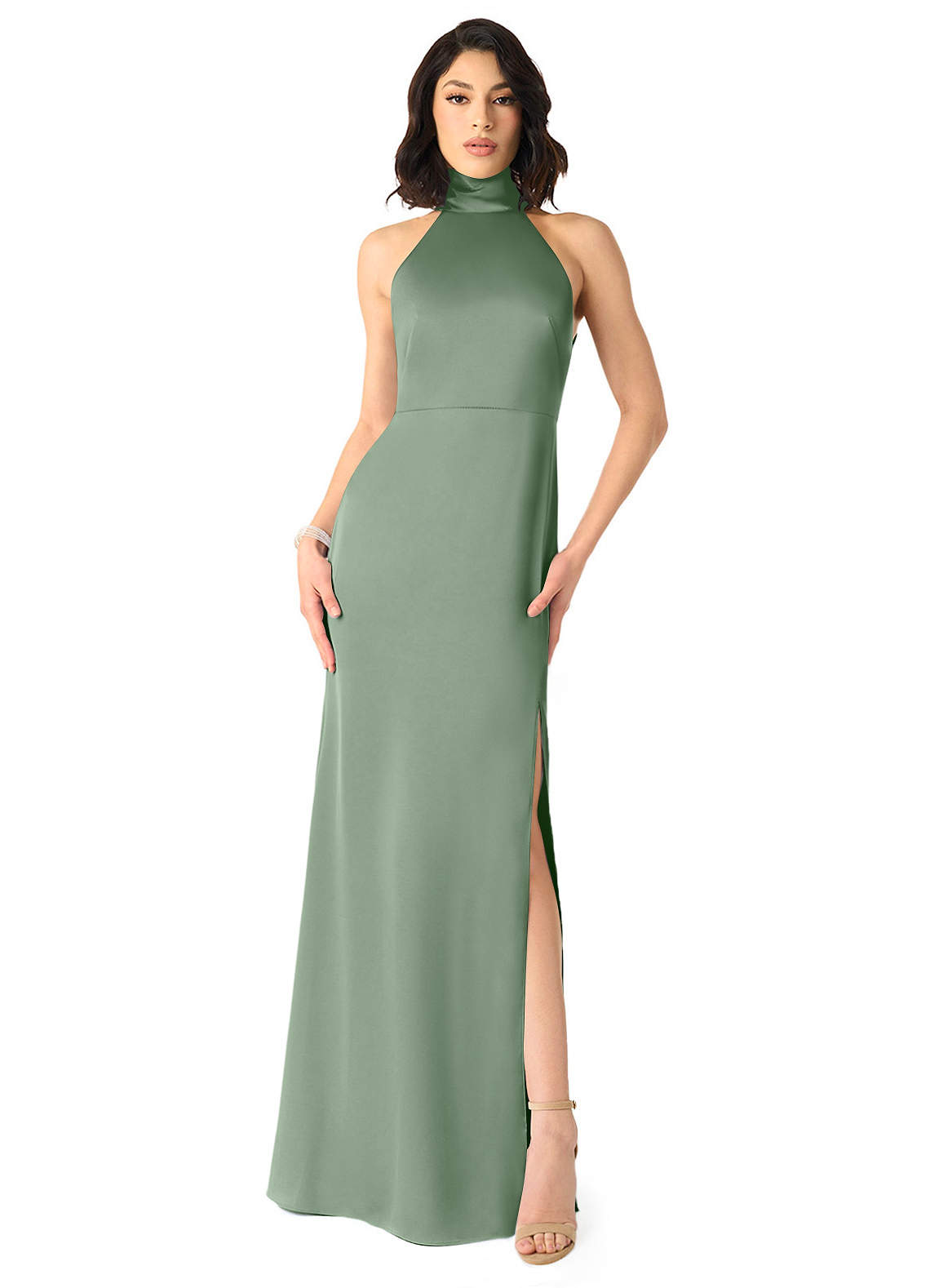 Azazie x Delaney Vestidos de damas de honor Vestido de Matcha de Satén Elástico de Corte Recto con Cuello Alto image1