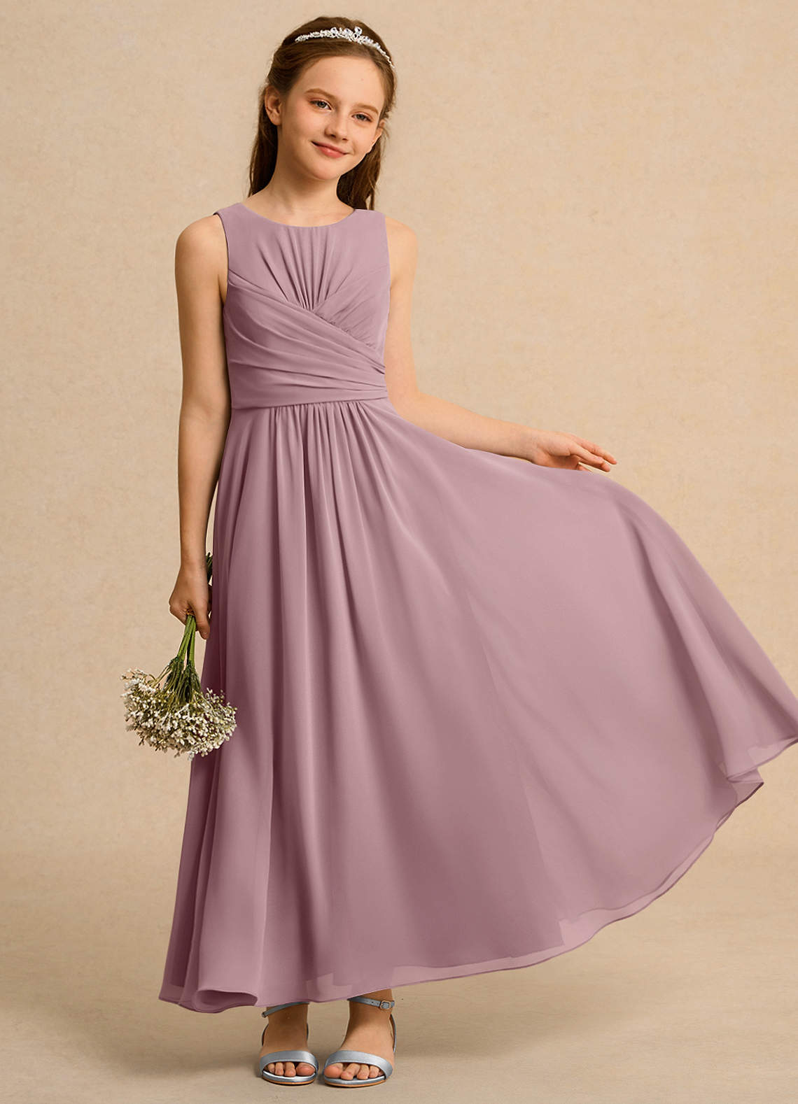 Azazie Ducky Girl Blumenmädchenkleider A-Linie Plissee Chiffon Kleid Altrosa image1