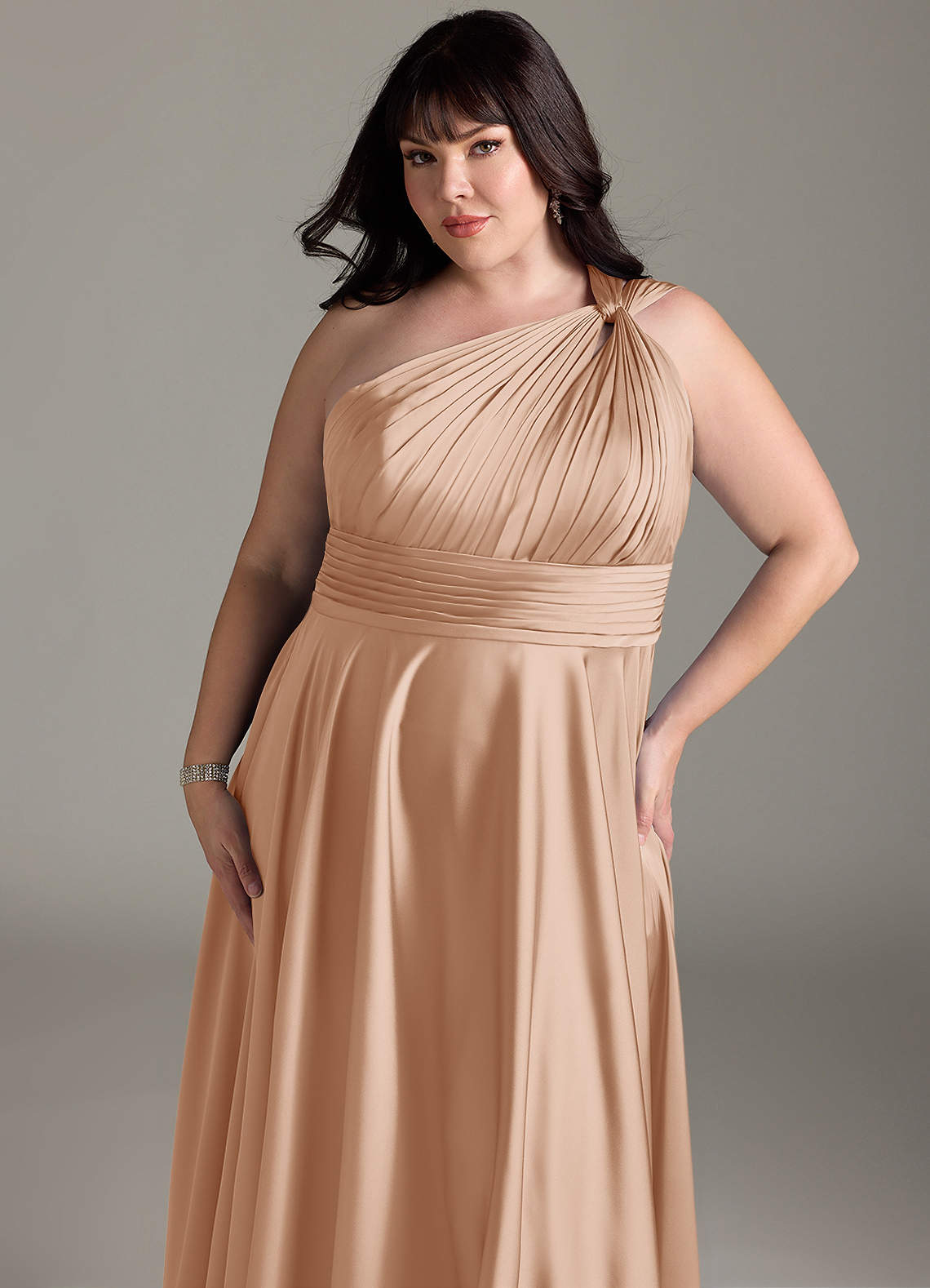 Azazie Charlize Bridesmaid Dresses English Rose A-Line One Shoulder Stretch Satin Dress image13