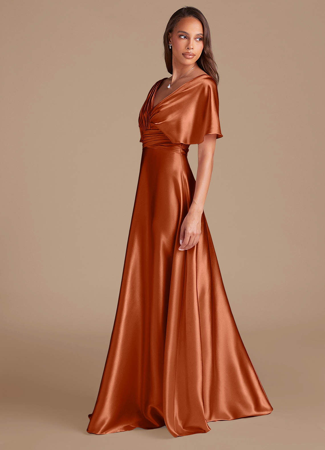 Azazie Pamela Klänningar att prova hemma Klä av A-Linje i Metallisk satin Plisserad Kastanjebrunt image4