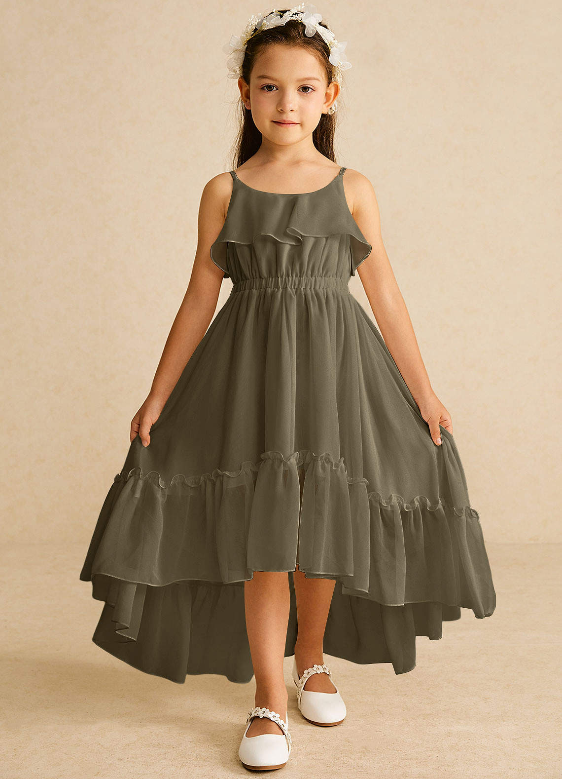 Azazie Karmen Flower Girl Dresses Willow Green A-Line Ruched Chiffon Dress image1