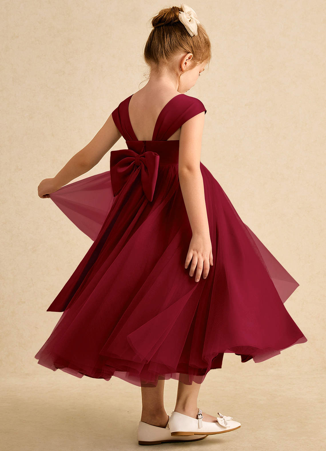 Azazie Chickadee Flower Girl Dresses Burgundy Ball-Gown Sweetheart Neckline Matte Satin Dress image1