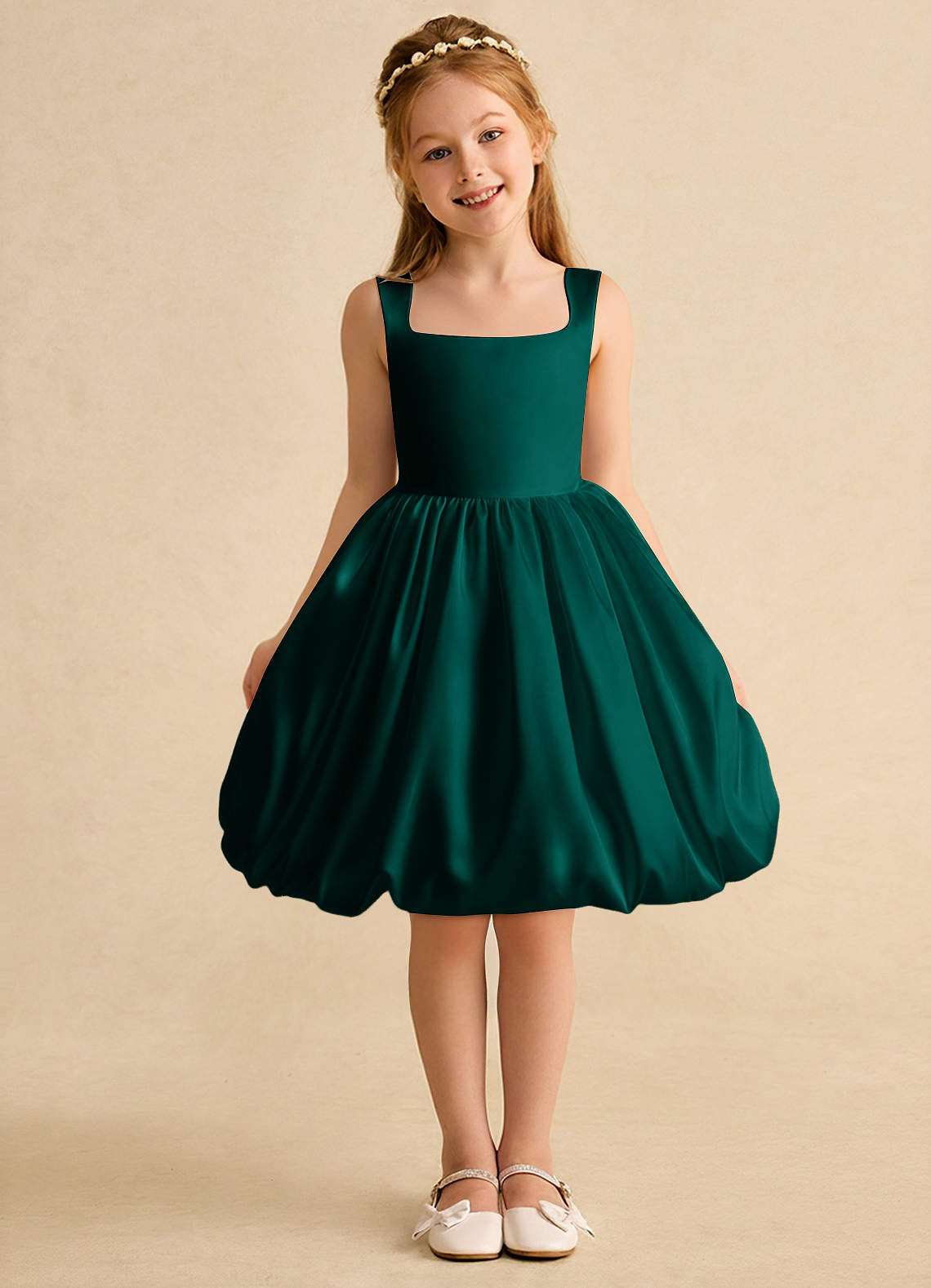 Azazie Nirvana Robe Demoiselle D'honneur Fillette Robe Princesse en Mat Satiné Rayé Vert Pin image1