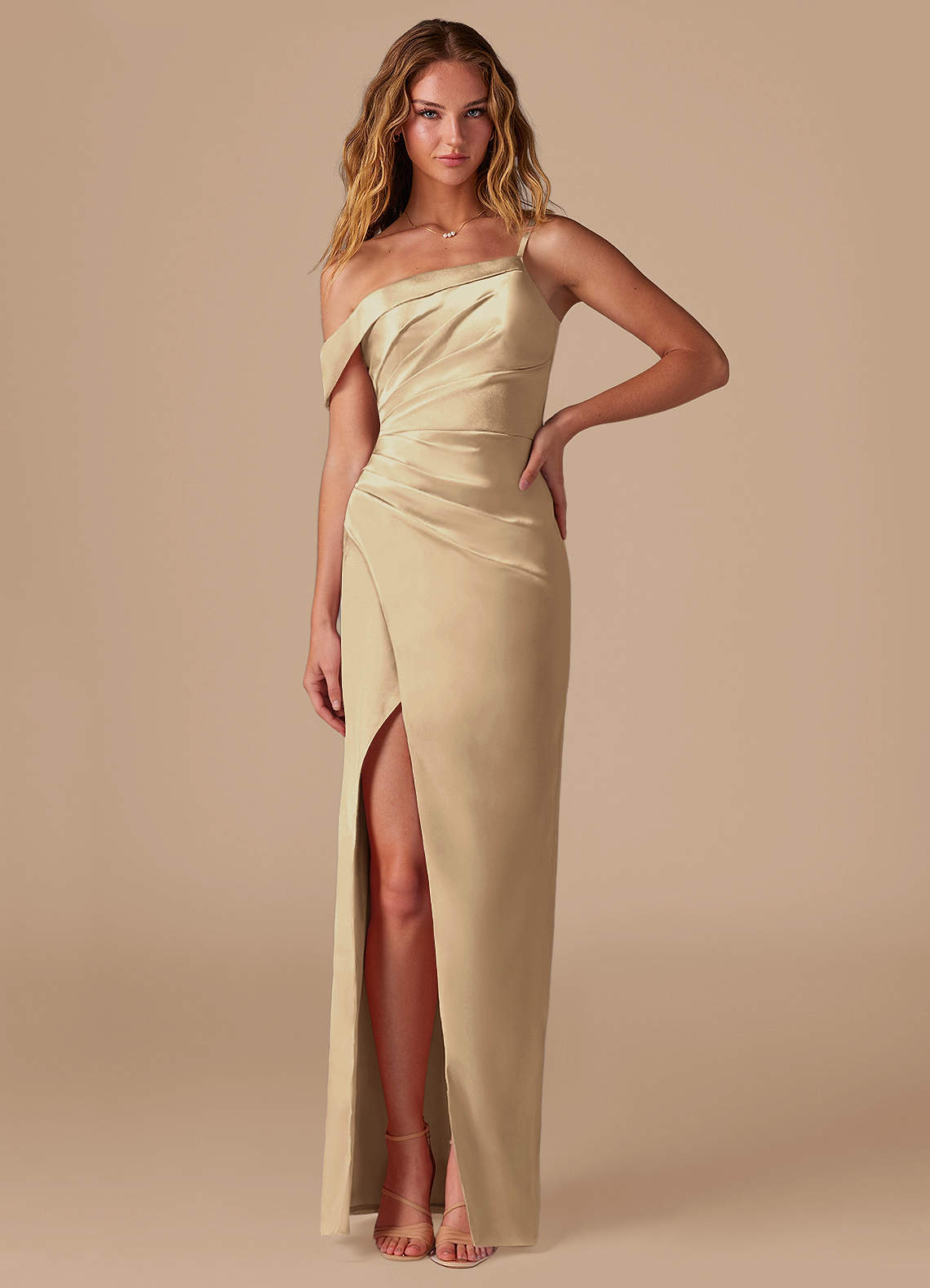 Azazie Lia Bridesmaid Dresses Champagne Sheath Off the Shoulder Metallic Satin Dress image1