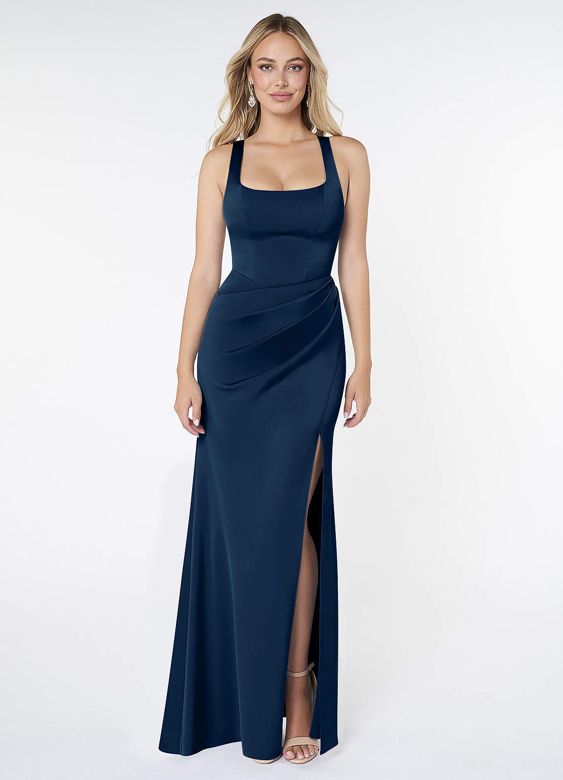 Azazie Mero Bridesmaid Dresses Dark Navy Sheath Pleated Stretch Satin Dress image1